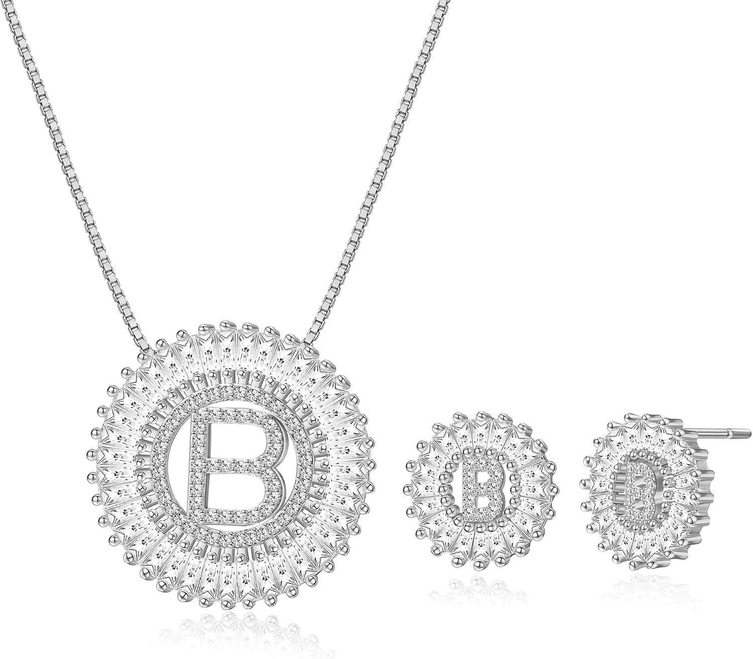 FIBO STEEL Initial Pendant Necklace Stud Earrings Jewelry Set for Women CZ Earring Studs Charm Alphabet Letter Personalized Chain Necklace 14K Real Gold Plated