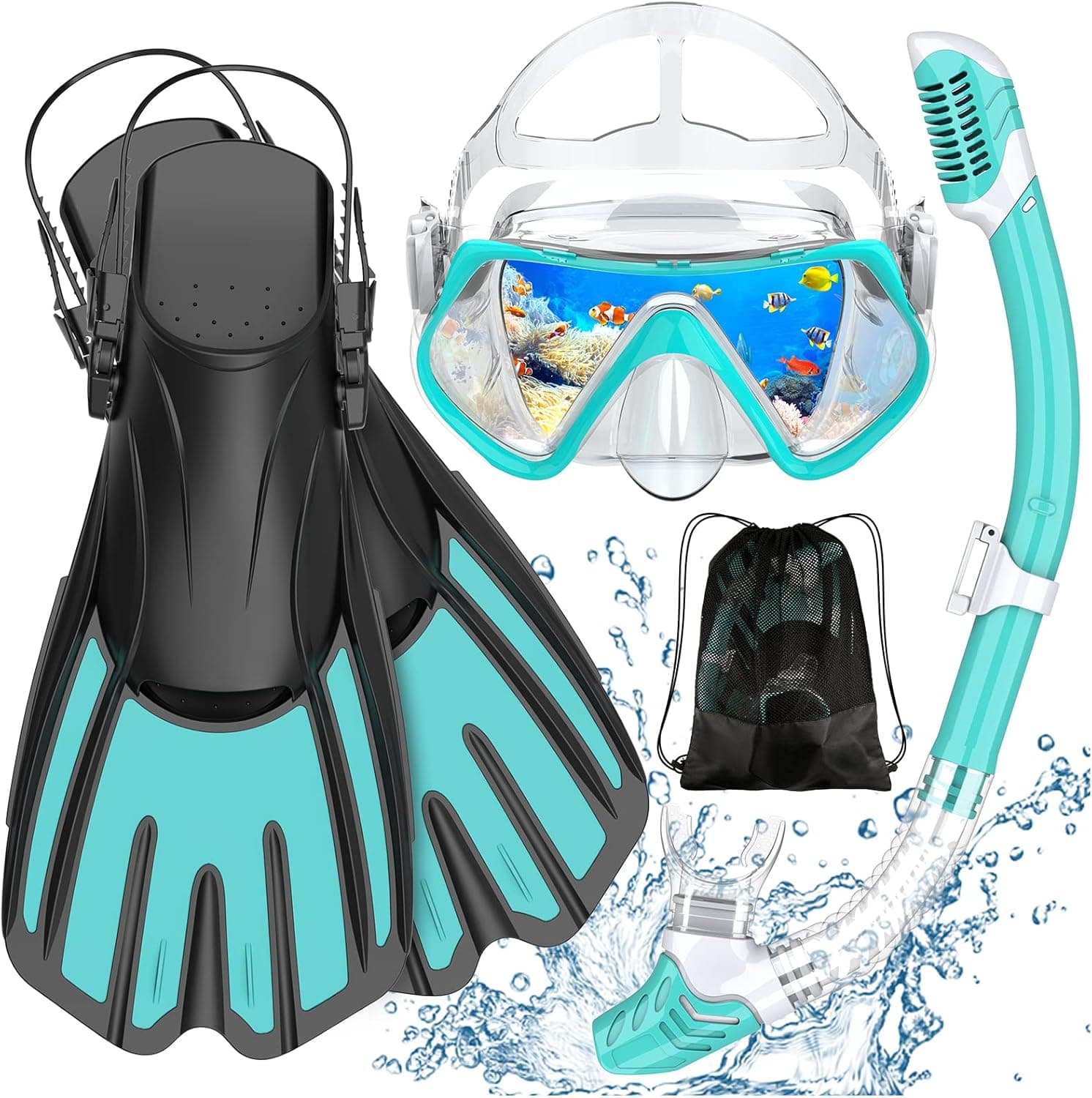FFSXLXS Snorkeling Gear Adults, Snorkel Mask Dry Top Snorkel, 180°Panoramic Snorkel Set, Anti-Fog Anti-Leak Snorkel Travel Bag, Flippers Snorkeling, Swim, Scuba, Diving (Green, S/M), Green / Black