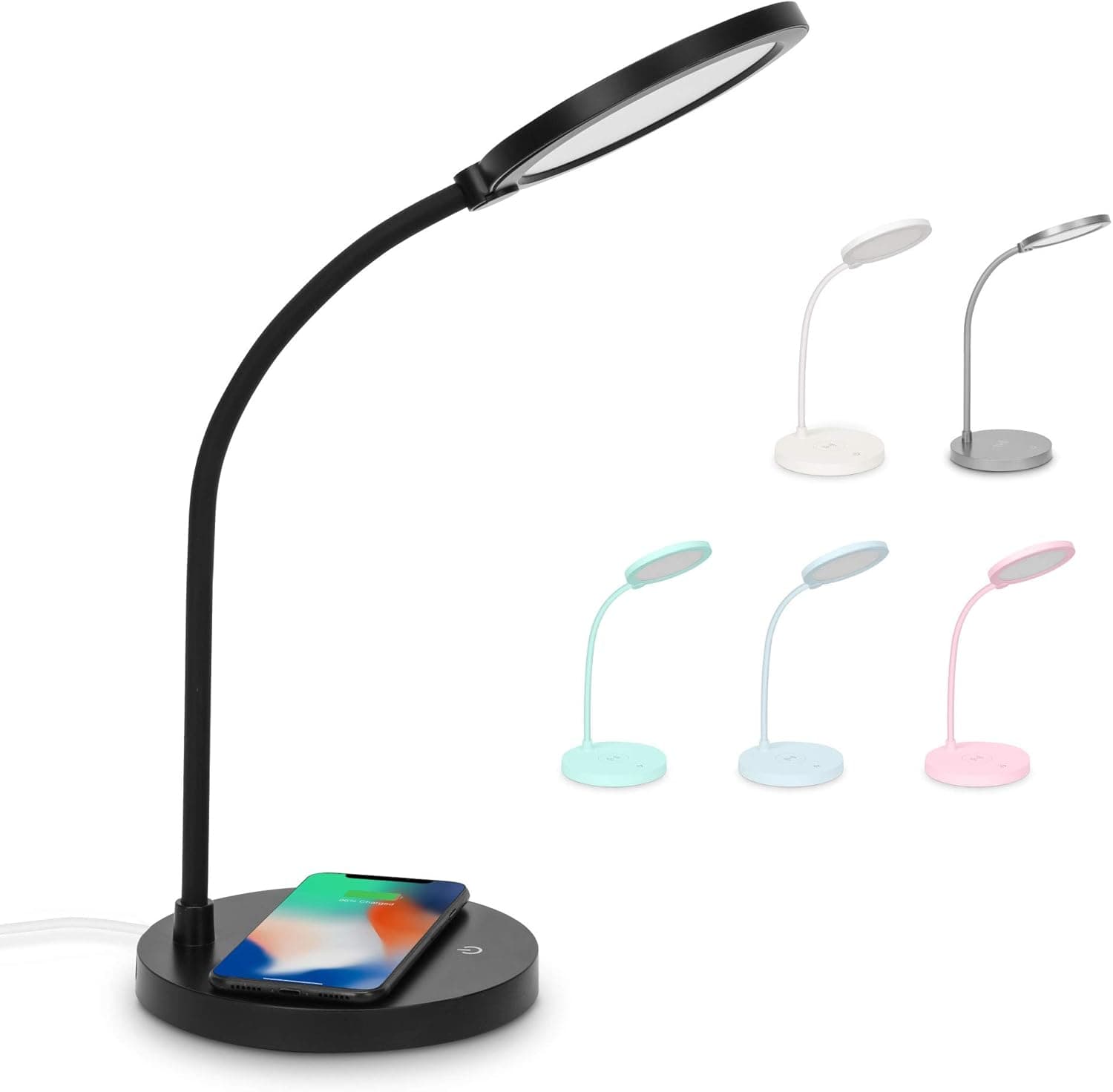 iHome LED Desk Lamp with 5W Qi-Certified Wireless Charger, Dimming Control, and 360 Degree Flexible Gooseneck (Black)