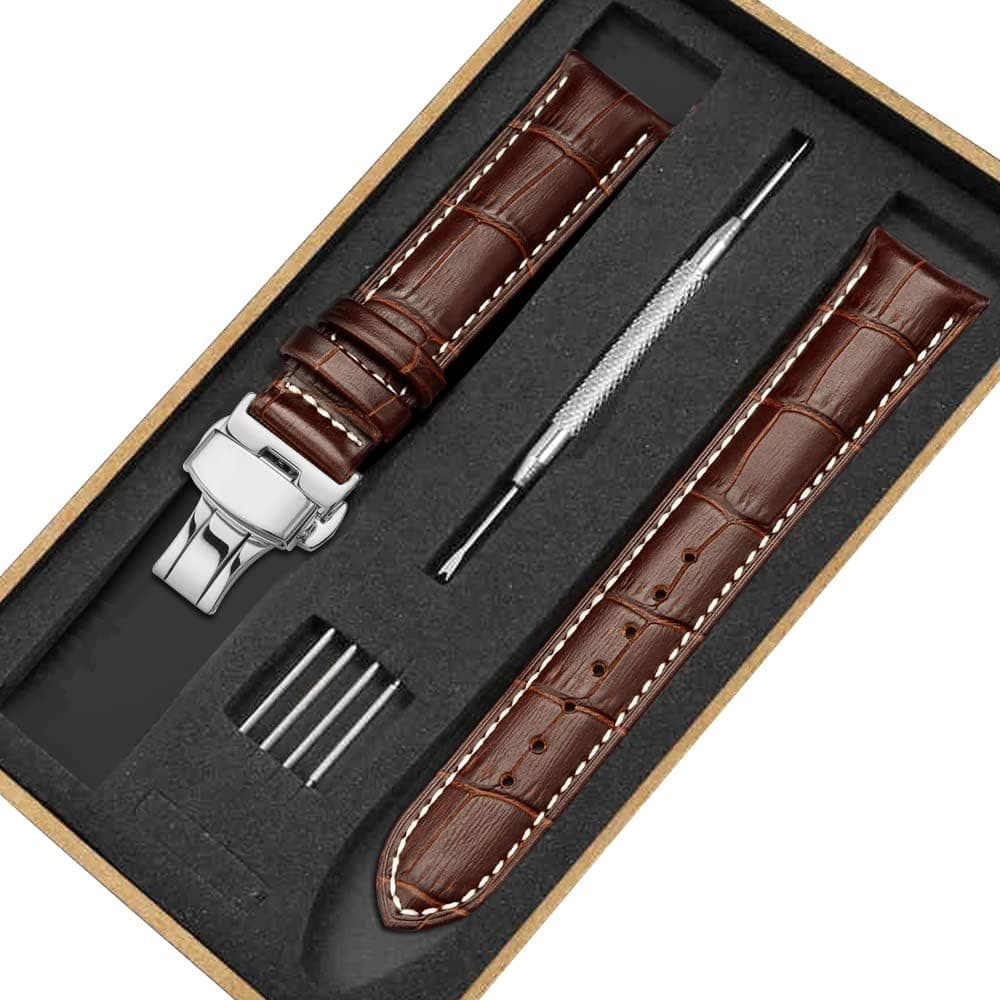 Men's Replacement Strap Leather Watch Band, Stainless Steel Buckle Button, Breathable and Durable Leather Strap-18MM 20MM 22MM 24MM- Black/Brown