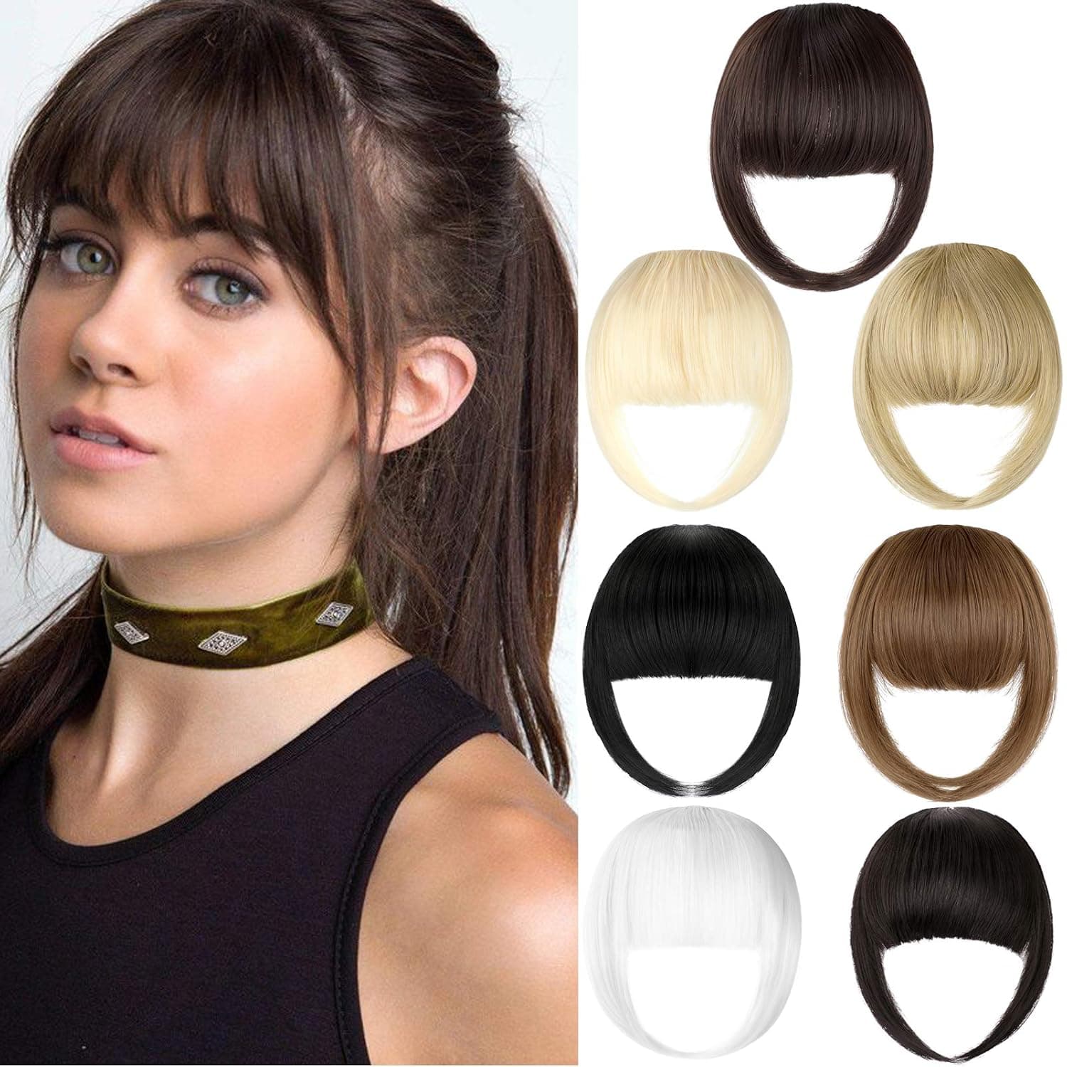 Bangs Hair Clip Extension French Bang Clip in Thick Natural Full Front Neat Bangs Straight Fringe Bang with Temples One Piece Hairpiece