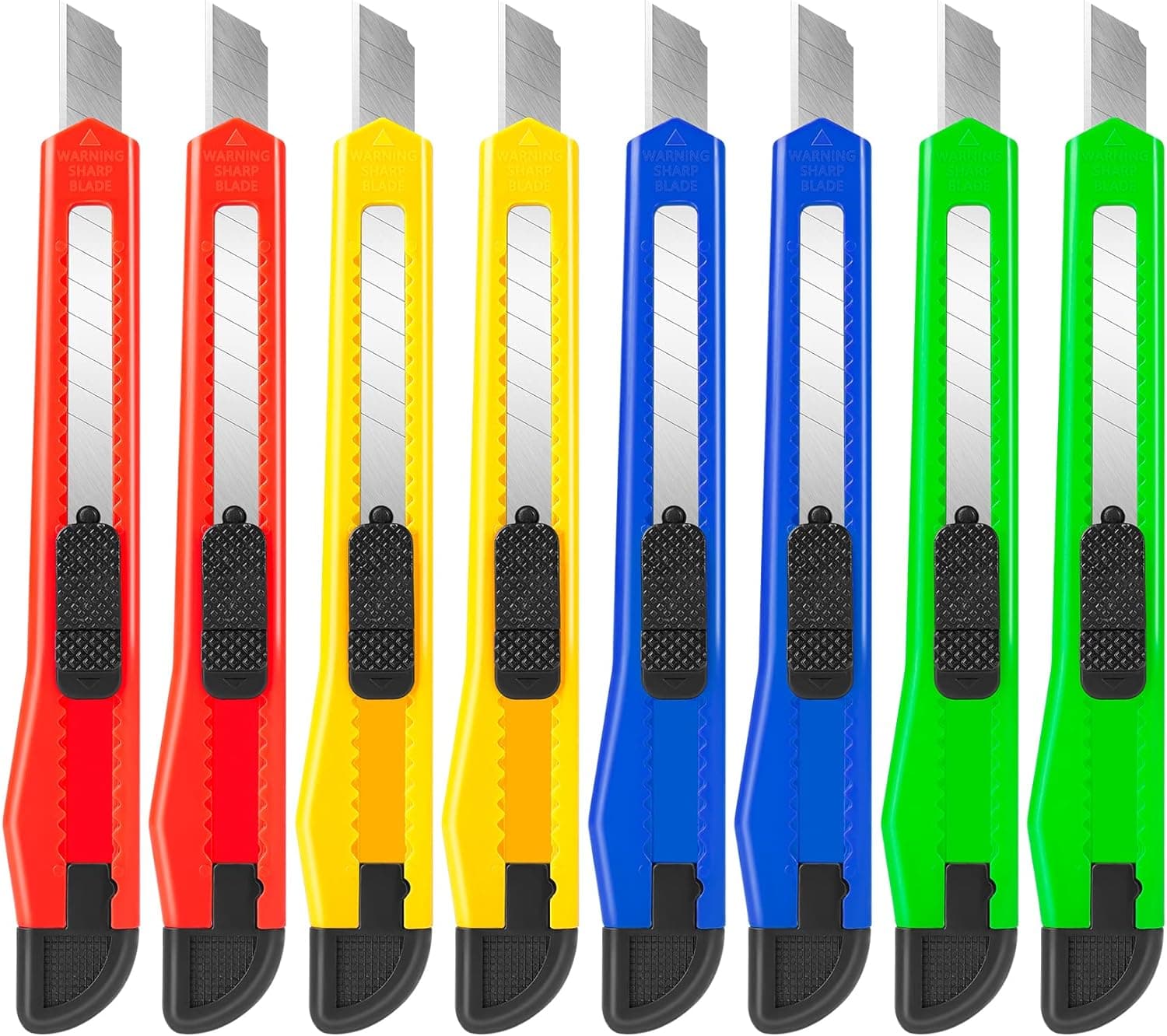 8 Pack Utility Knife Box Cutters (9mm Wide Blade Cutter 4 Colors) Box Cutter Retractable, Compact Utility Knives, Extended Use for Office, Craft, Razor Knife, Paper Knife, Disposable Box Opener