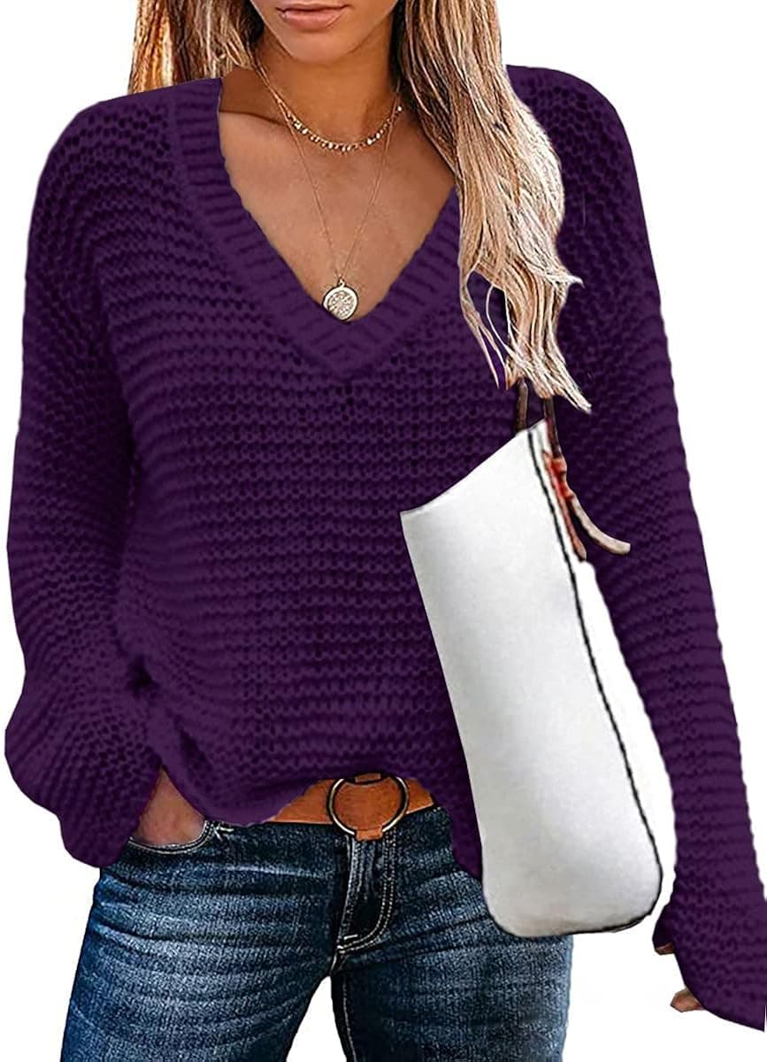 Womens Long Sleeve V Neck Loose Lightweight Knitted Pullover Sweater Jumper Top