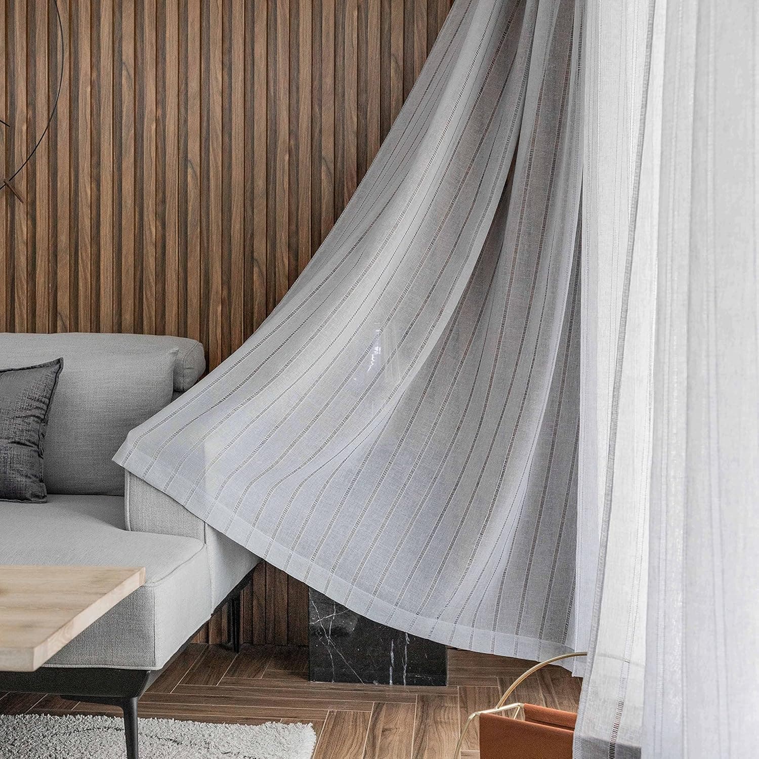 Home Brilliant Sheer Curtains Striped Curtain Panels Stripes Window Treatment for Bedroom Living Room, 2 Panels, 54" x 72 inches Long, Light Grey