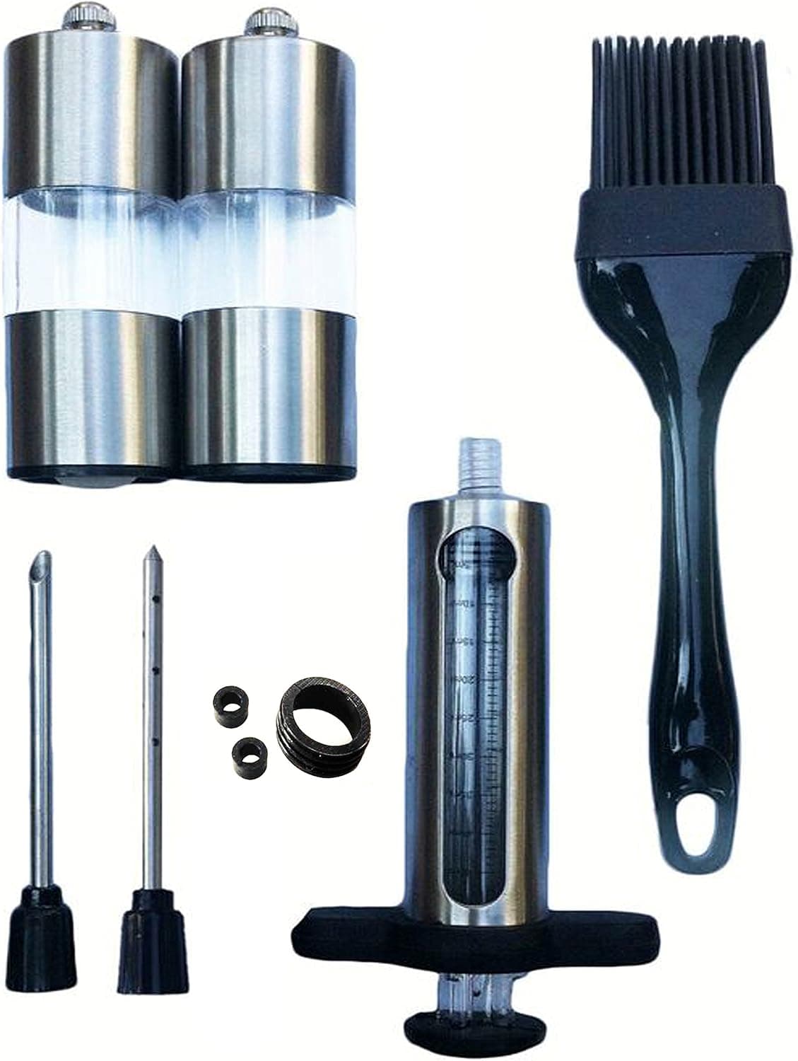 ekSel Marinade Injector Set with needles Stainless Steel plus BPA free Silicone Basting Brush and Pepper Mill & Salt Mill