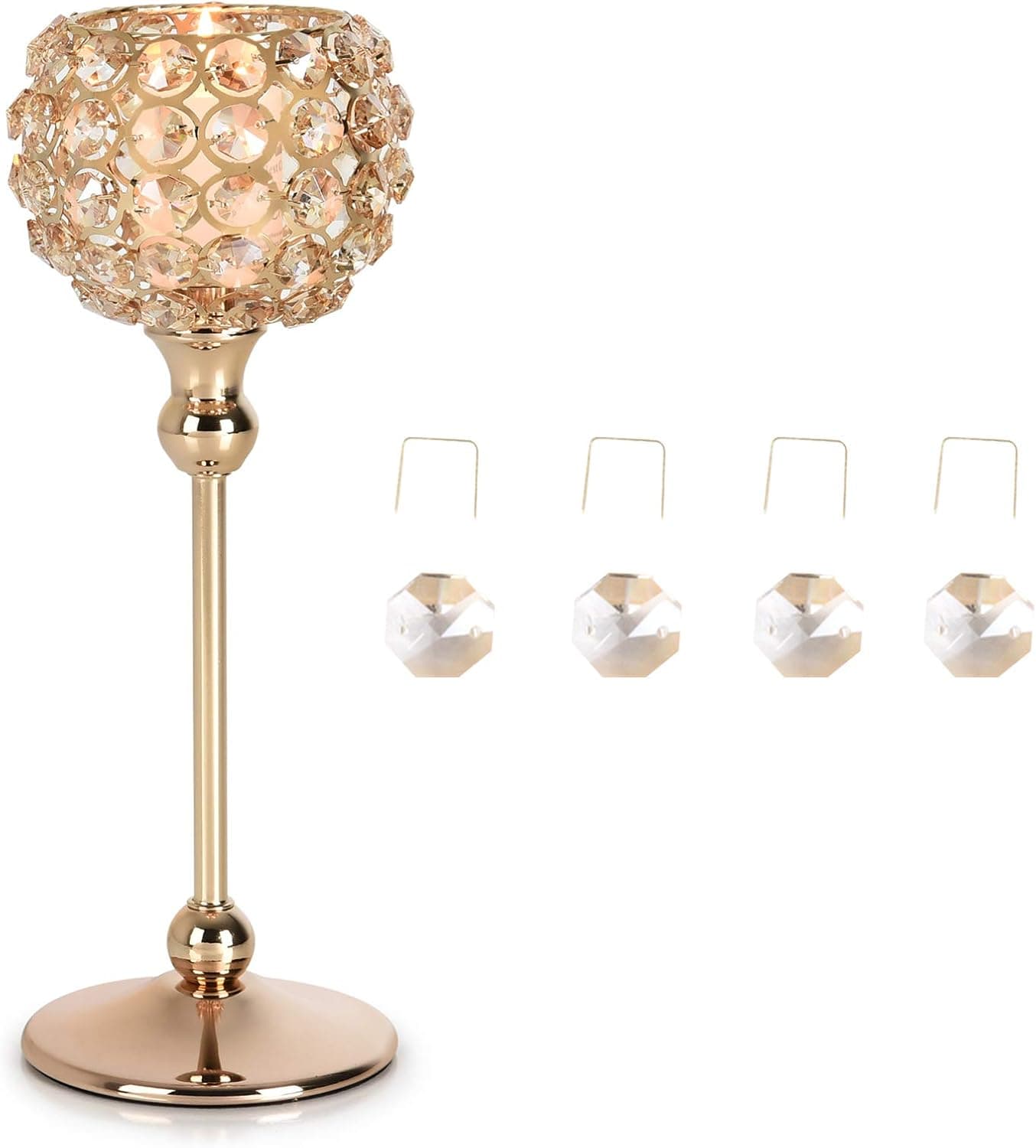 YMR Gold Crystal Tea Light Candle Holders,for Wedding Dining Room Coffee Table Decorative Gifts,Replaceable Transparent Crystal Beads,11inches Crystal Candle Holders