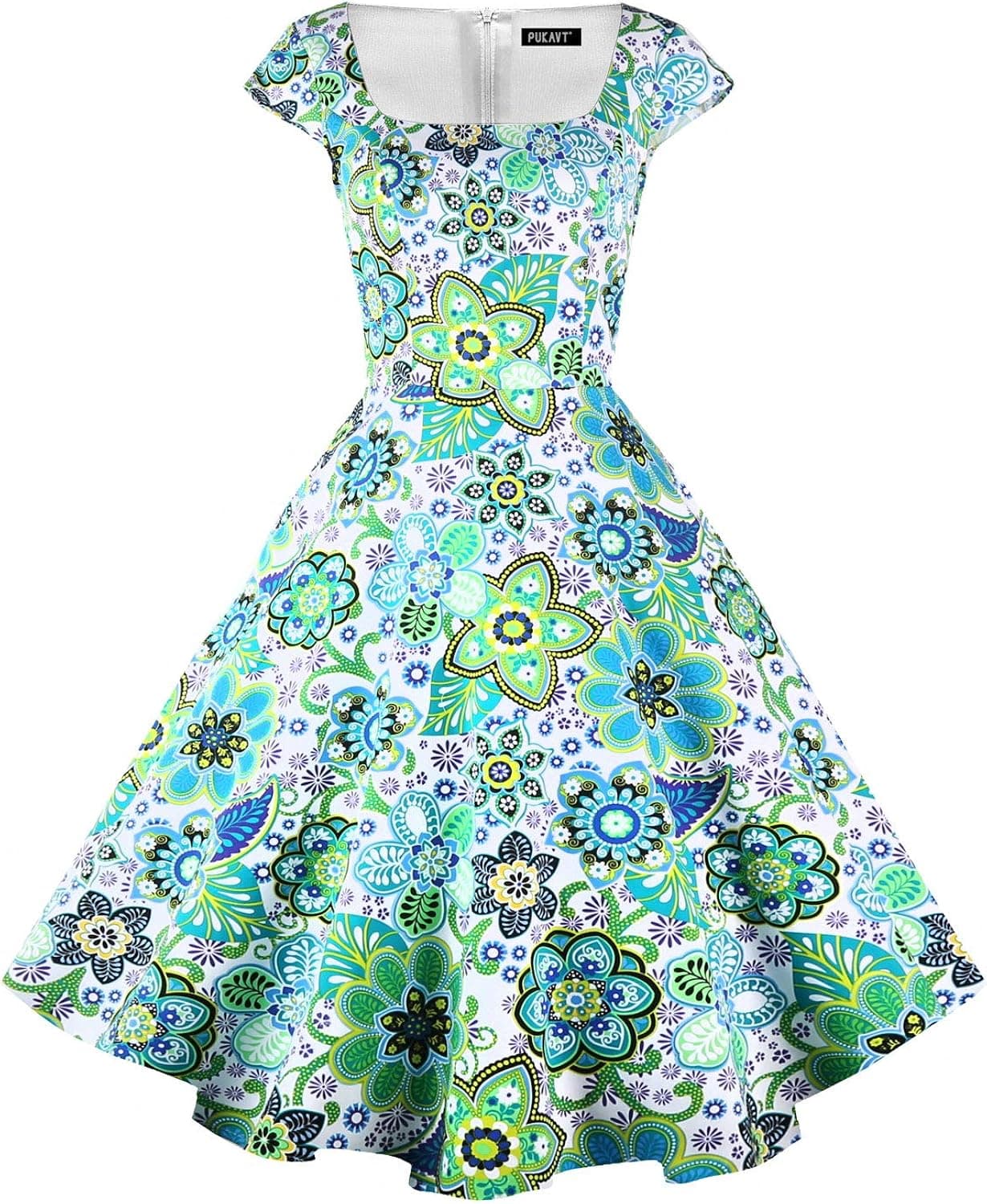 PUKAVT Women's Cocktail Party Dress Cap Sleeve 1950 Retro Swing Dress with Pockets