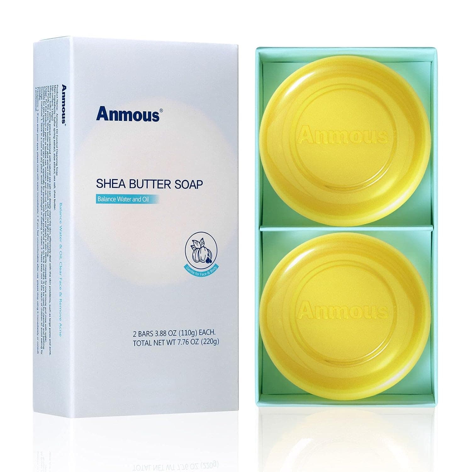 Anmous Cleansing Soap Bar with Shea Butter & Sulfur for Face and Body,Moisturizing Bar Soap For Women Men, Wonderful for Acne ,Oily to Normal Skin and All Skin Types.7.76 Oz Bar(Pack of 2)