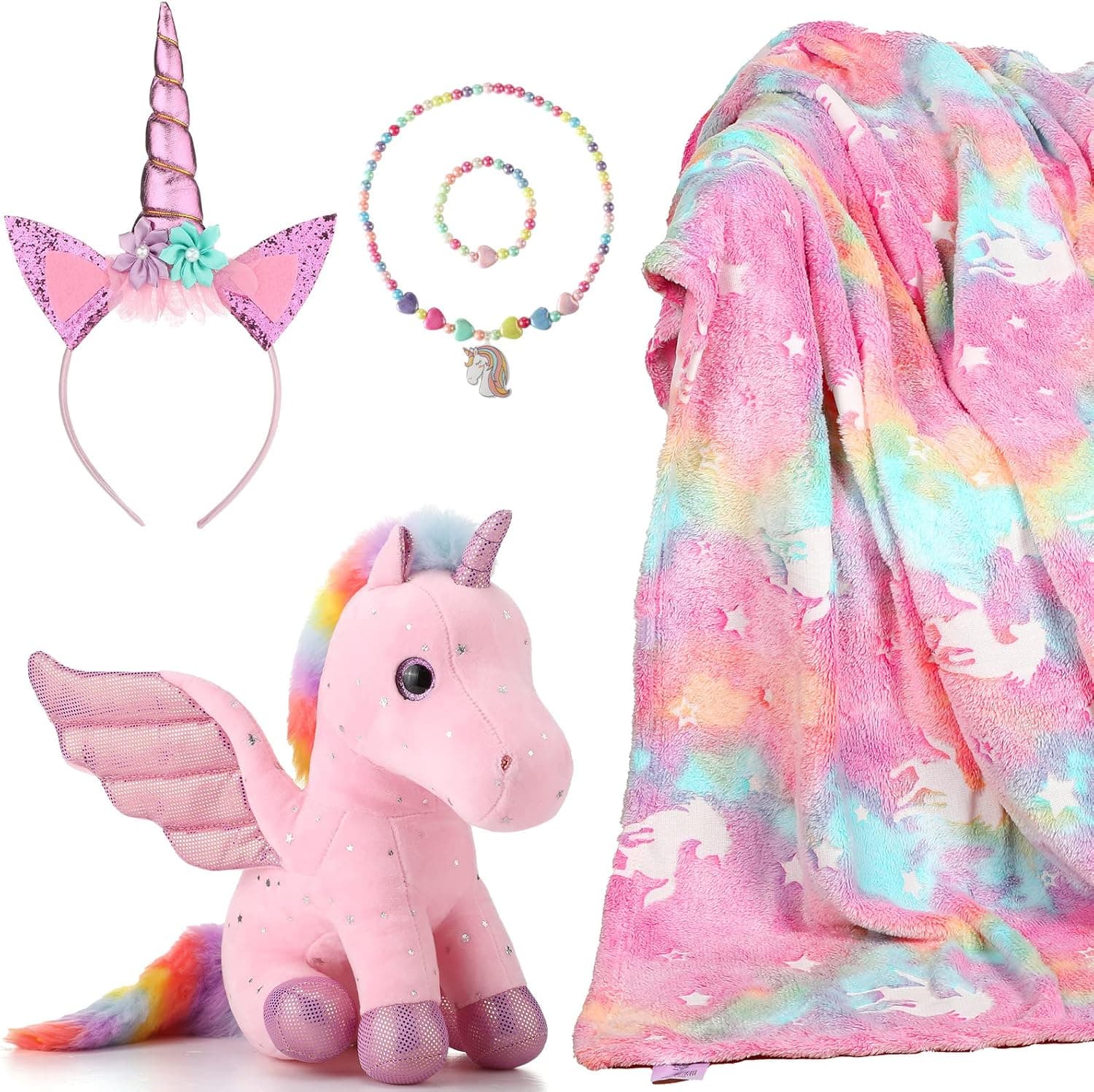 HyDren 6 Pcs Unicorn Gifts Toys Include Glow in The Dark Blanket Stuffed Animal Headband Necklace Bracelet Set Plush Jewelry for Girls Teens Birthday