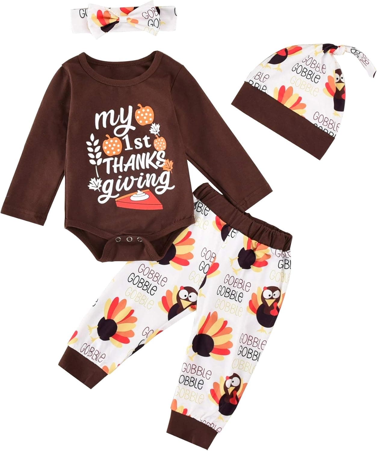 My First Thanksgiving Outfits Baby Letters Romper Turkey Pants Hat/Headband 4PCS Outfits Clothes