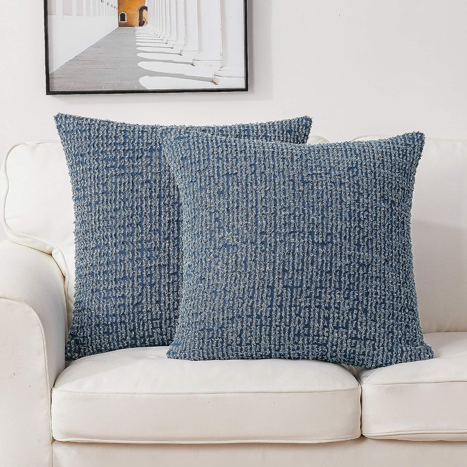 Longhui bedding Crochet Cotton Denim Navy Blue Throw Pillow Cover, 22 x 22 Decorative Pillows Cushion Covers for Couch Sofa Bed, Zipper Closure, Set of 2, Deep Blue