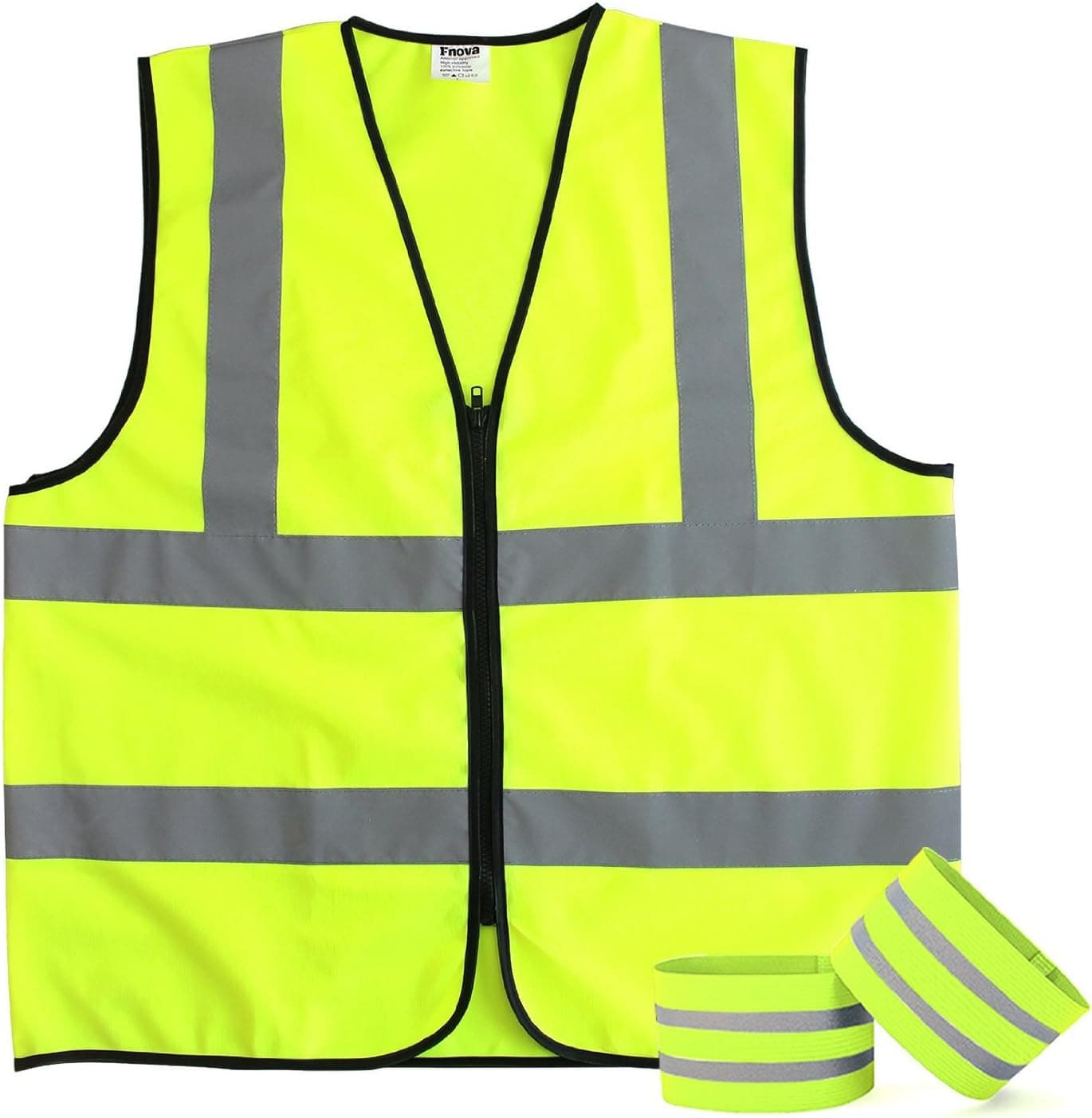 Fnova Class 2 High Visibility Zipper Front Safety Vest Reflective Running Vest, 2 Bonus Reflective Bands Included, Neon Yellow, Meets ANSI/ISEA Standards