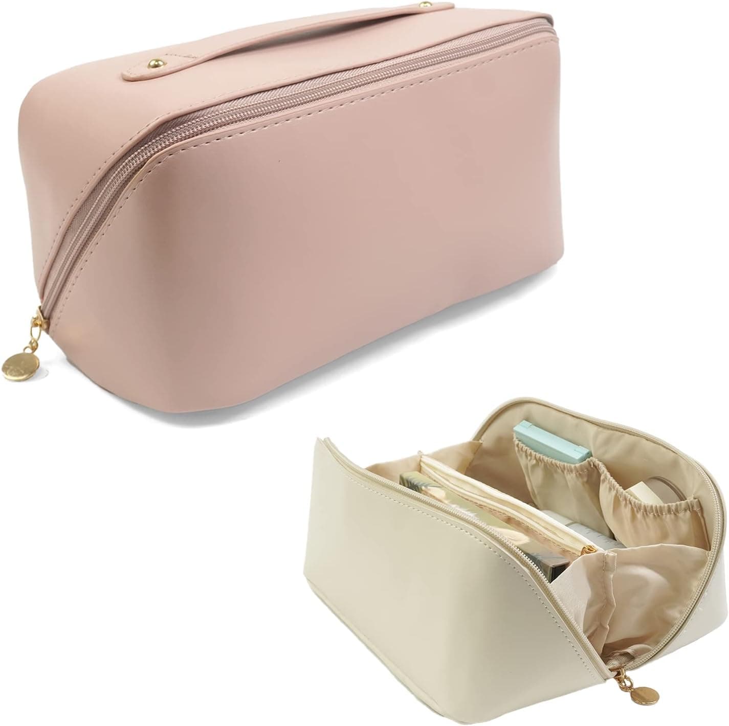 S-SNAIL-OO 2022 Upgrade Large-capacity Travel Cosmetic Bag, Women Pu Leather Waterproof Portable Cosmetic Bag with Handle, Storage Bag for Place Skin Care Products, Jewelry, Sundries. (Pink)