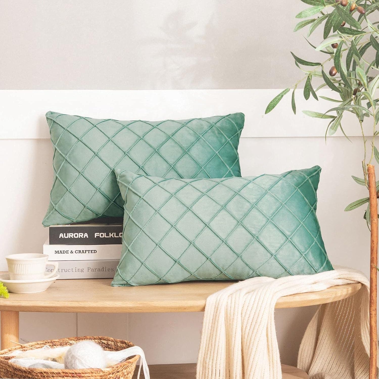 NEERYO Velvet Patina Green Throw Pillow Covers Sofa Decorative Throw Pillows 12x20 for Couch Bedroom Car Living Room Outdoors Set of 2 Lumbar Soft Solid Plaid Cushion Covers