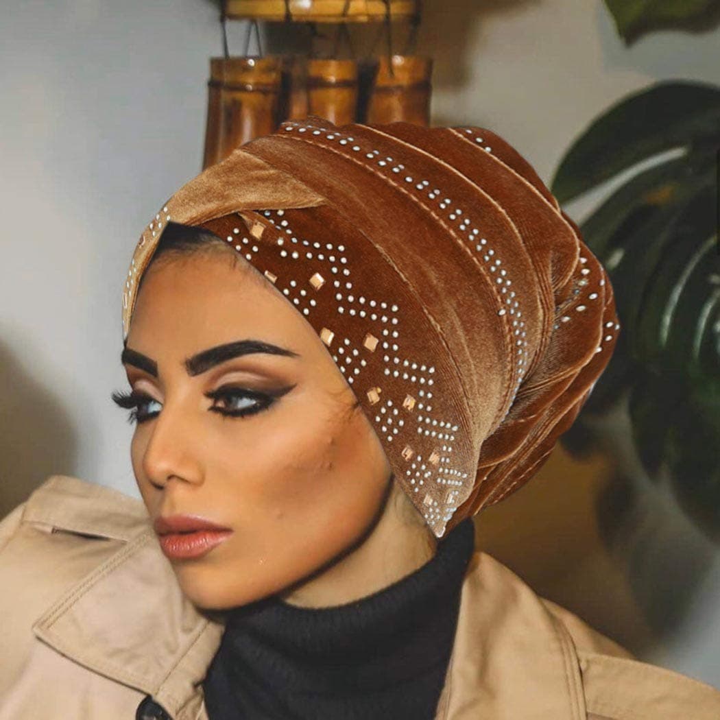 Bohend Vintage Rhinestone Turban Sleep Headwrap Wide Sparkly Sleep Turban Headband Crystal Muslim Hat Headwear Beanie Pre-Tied Bonnet Velvet Hat Cap Hair Wrap for Women and Girls (Gold)