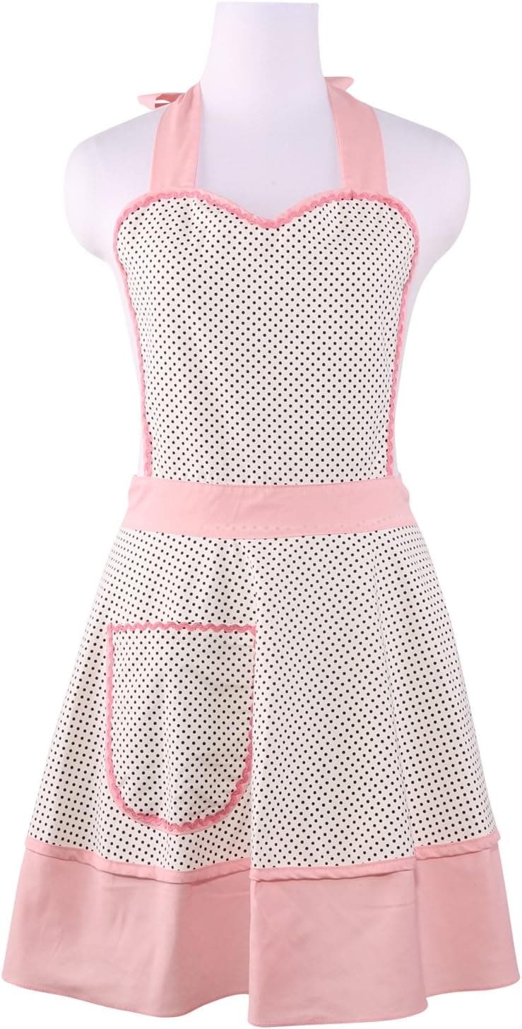 NEOVIVA Canvas Kitchen Apron with Pocket for Girls Cooking, Baking and Grilling, Bib Aprons for Women Plus Size, Style Zoe, Polka Dots White