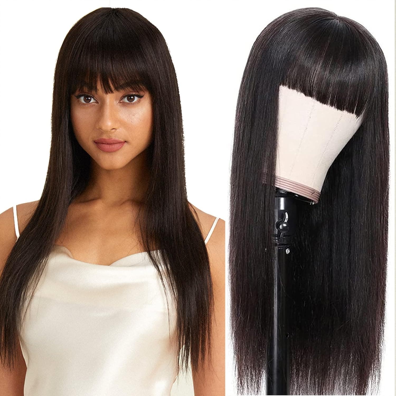 DÉBUT 100% Human Hair Straight Wigs with Bangs for Black Women, Silky Straight Brazilian Virgin Hair Machine Made Glueless Wig Natural Color 24inch