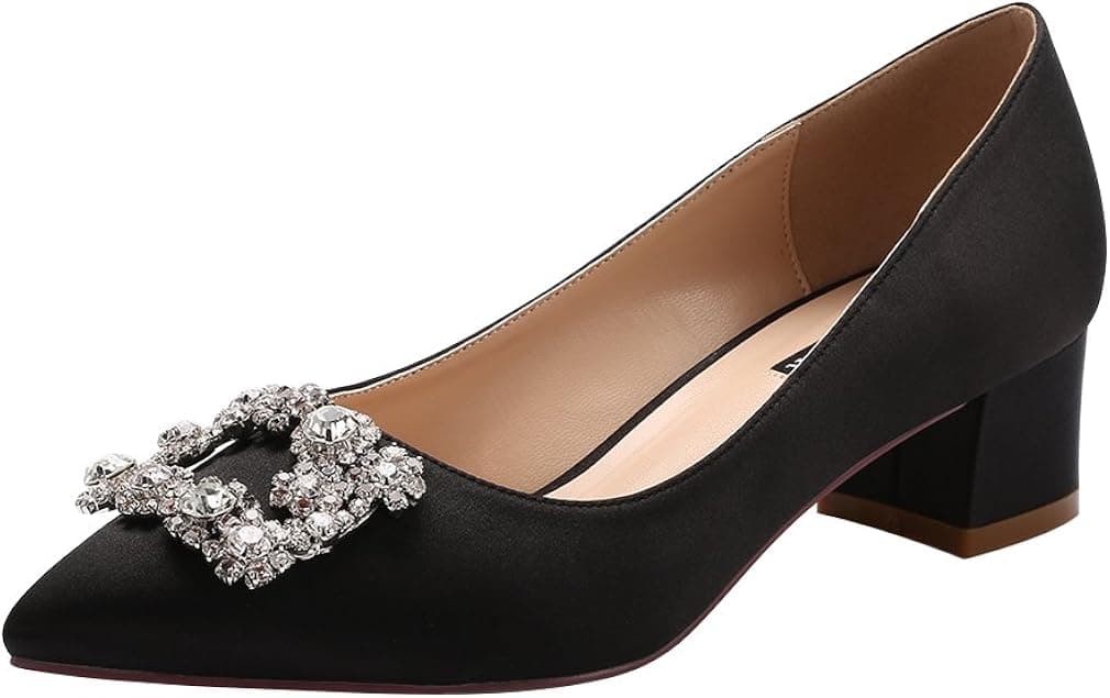 ERIJUNOR Women Comfort Low Heel Closed Toe Rhinestone Wedding Evening Satin Shoes