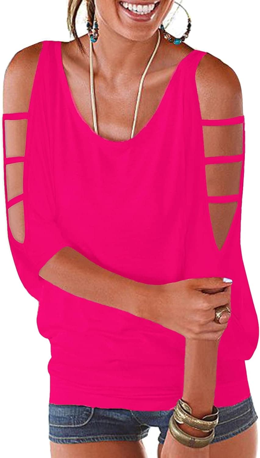 Womens Summer Cold Shoulder Tops 3/4 Sleeve T Shirts Pullover Casual Dolman Blouses