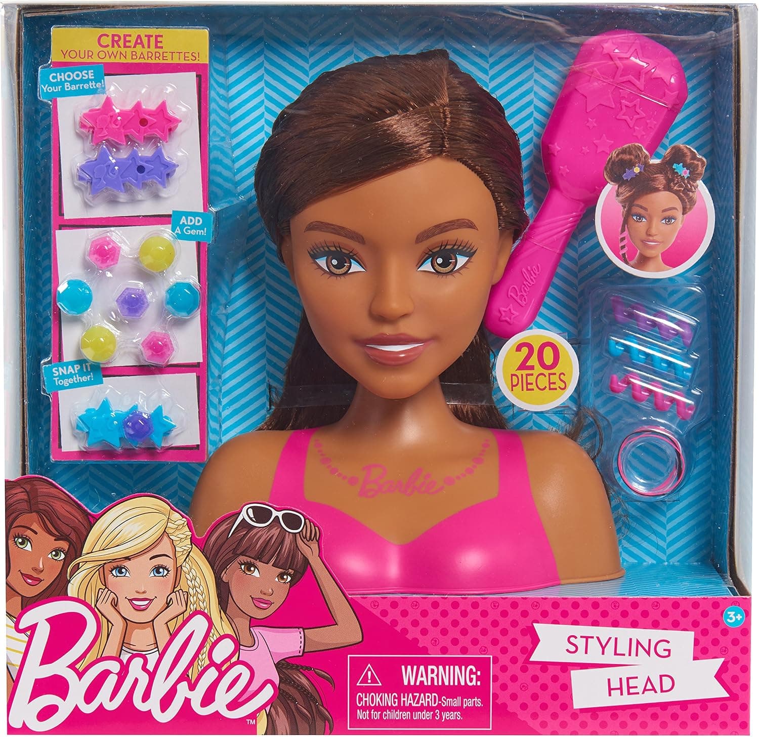 Barbie Small Styling Head, Brown Hair, Includes 20 Pieces and Customizable Barrettes