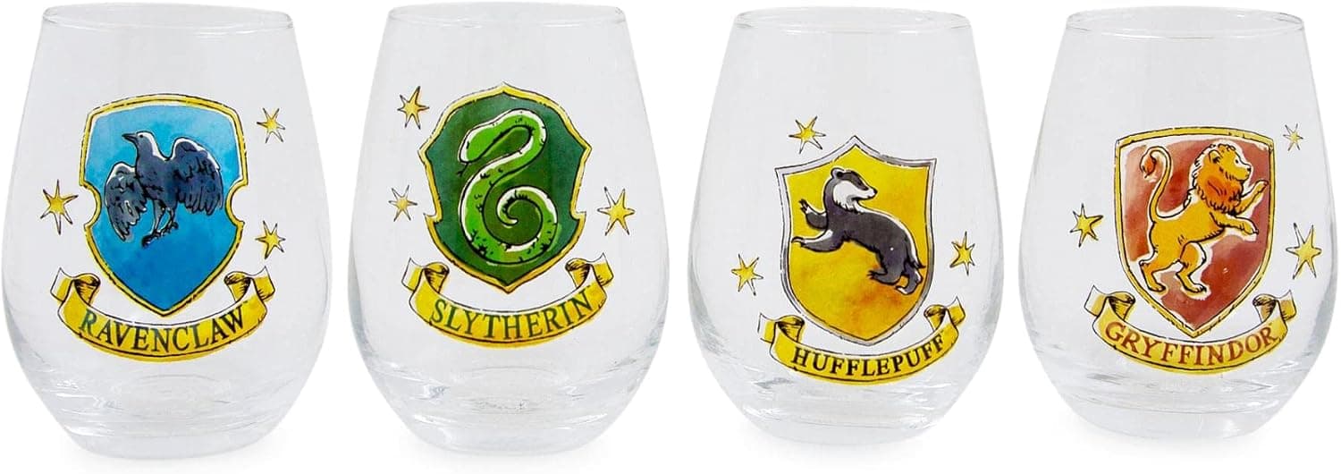 Harry Potter Hogwarts House Crests 12-Ounce Stemless Wine Glasses | Set of 4