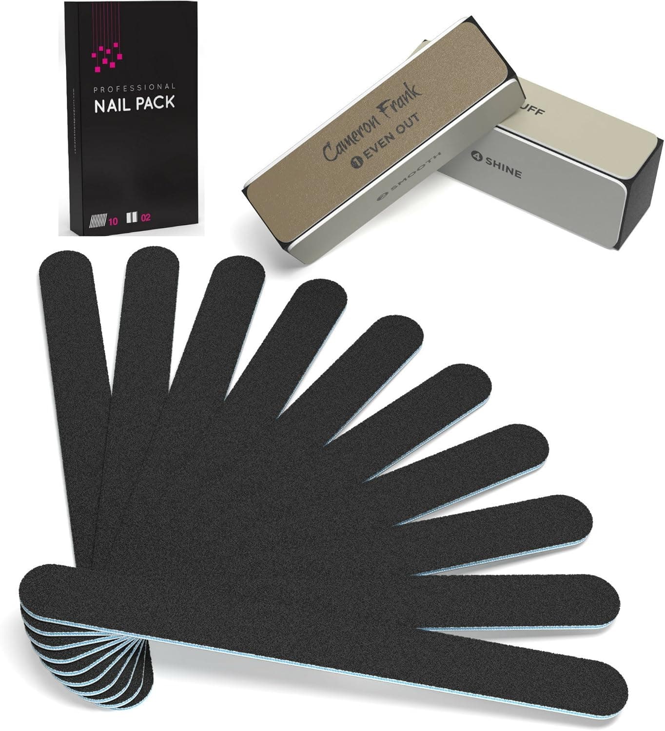100/180 10 pack Nail File / Emery Board with 2 Piece Buffer Block Set - For Smooth & Shiny Nails - Home or Professional Manicure / Pedicure Kit