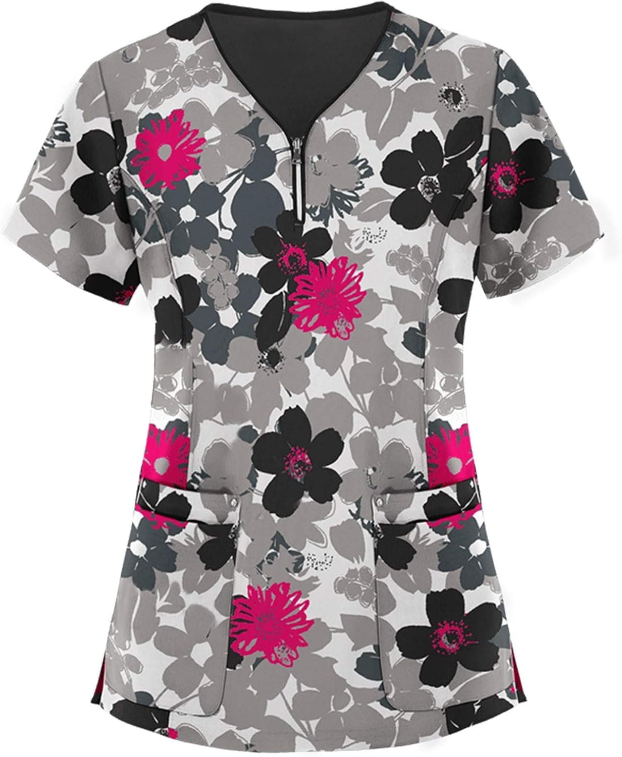 Women Top Print V-Neck Short Sleeve Tops Pocket Shirt Working Uniform Blouse
