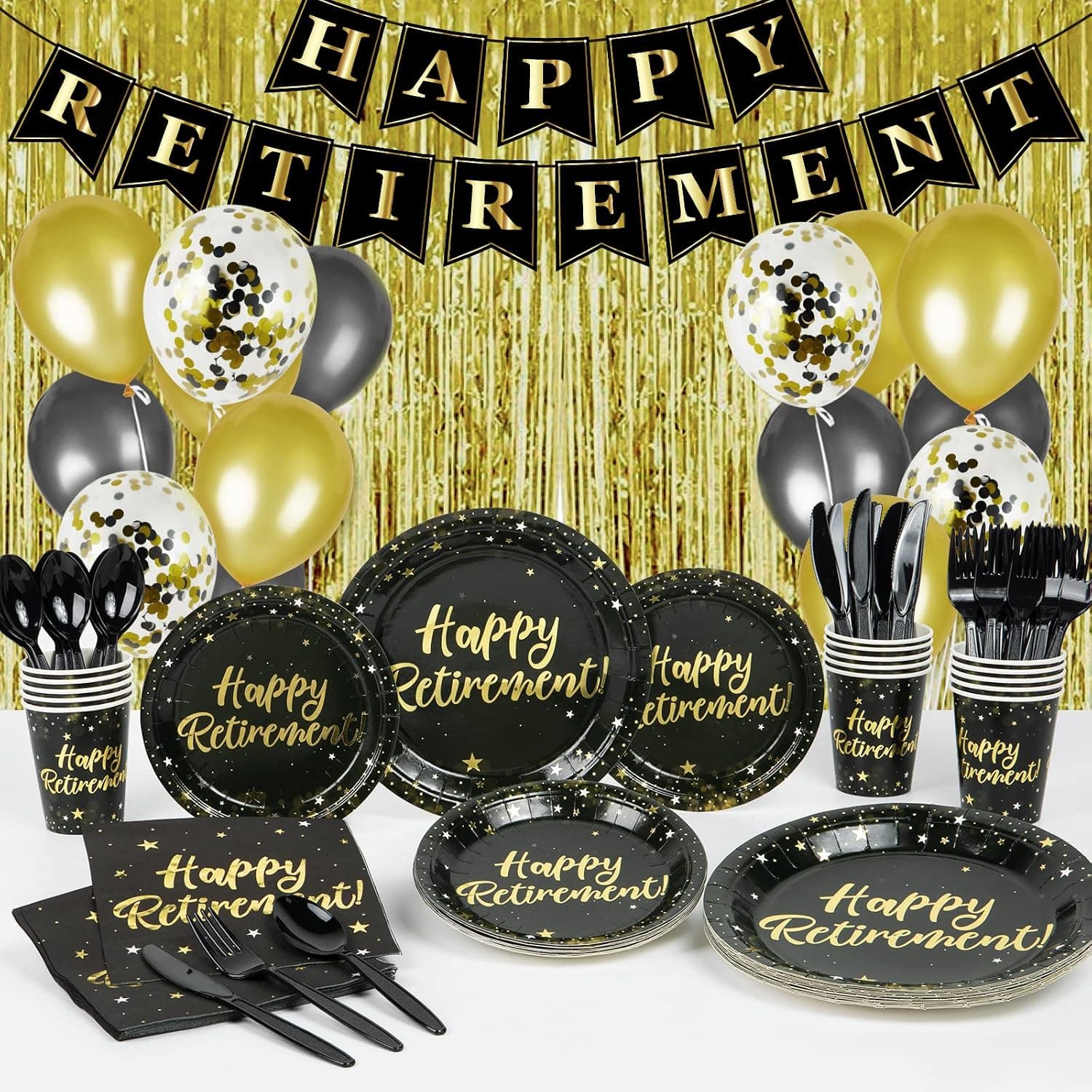 Decorlife Retirement Plates and Napkins Sets Serves 16 with Fringe Curtains, Happy Retirement Decorations, Paper Plates Set, Happy Retirement Banner, Balloons, Total 136 PCS