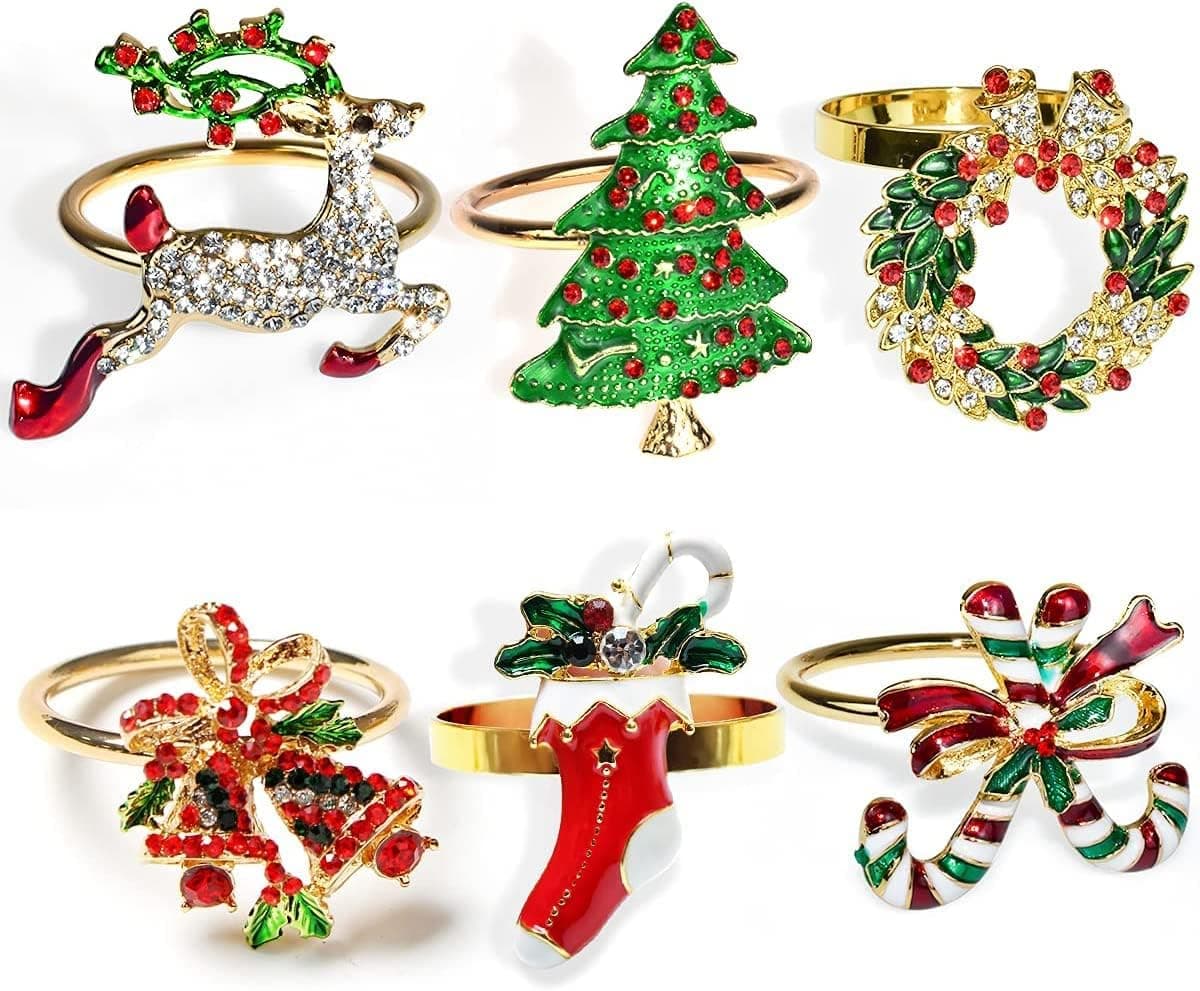 Christmas Napkin Ring Set of 6, Christmas Stocking Tree Elk Garland Bells Cane Napkin Rings for Christmas Party Gift, Christmas Napkin Holders for Dinning Table Decor