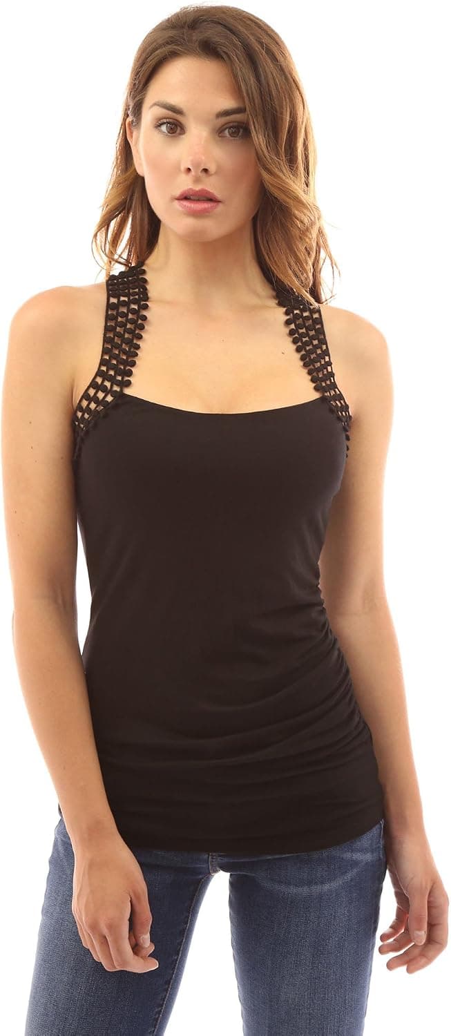PattyBoutik Women Crochet Inset Ruched Detail Tank Top (Black Small)