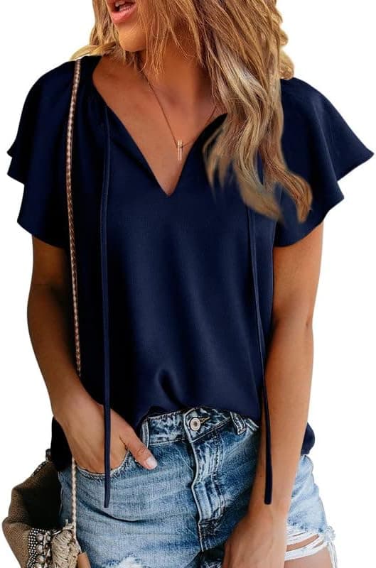 Dokotoo Women's Casual Boho Floral Printed V Neck Tops Drawstring Short Long Sleeve T Shirt Blouses