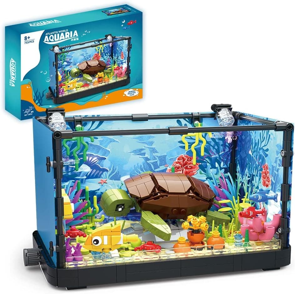 Mesiondy Fish Tank Building Block Set with Light，Aquarium，Marine Turtle, Building Block Toy for Kids 6+,…