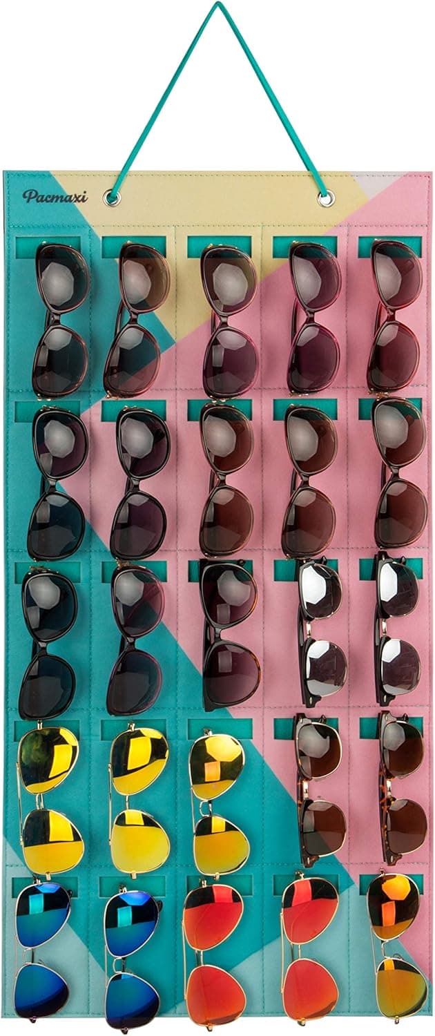 PACMAXI Sunglasses Storage Organizer, Wall Pocket Mounted by Sunglasses, Hanging Eyeglasses Storage Holder, Eyewear Display. (Pink+Lake Blue, 25 Slot)