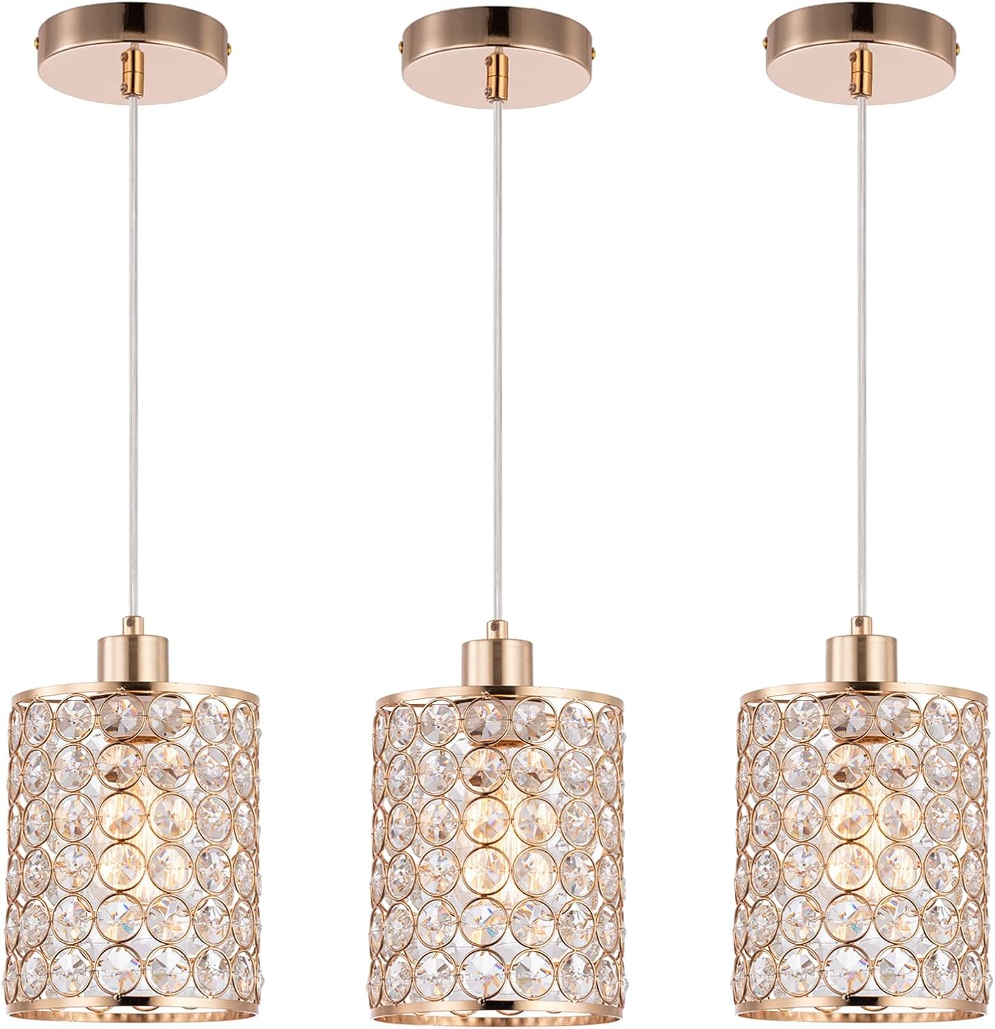 Cuaulans Gold Crystal Pendant Light, 3 Pack Kitchen Island Lighting, Modern Adjustable Bar Lights Hanging Fixture for Kitchen Dining Room Bedroom Bar