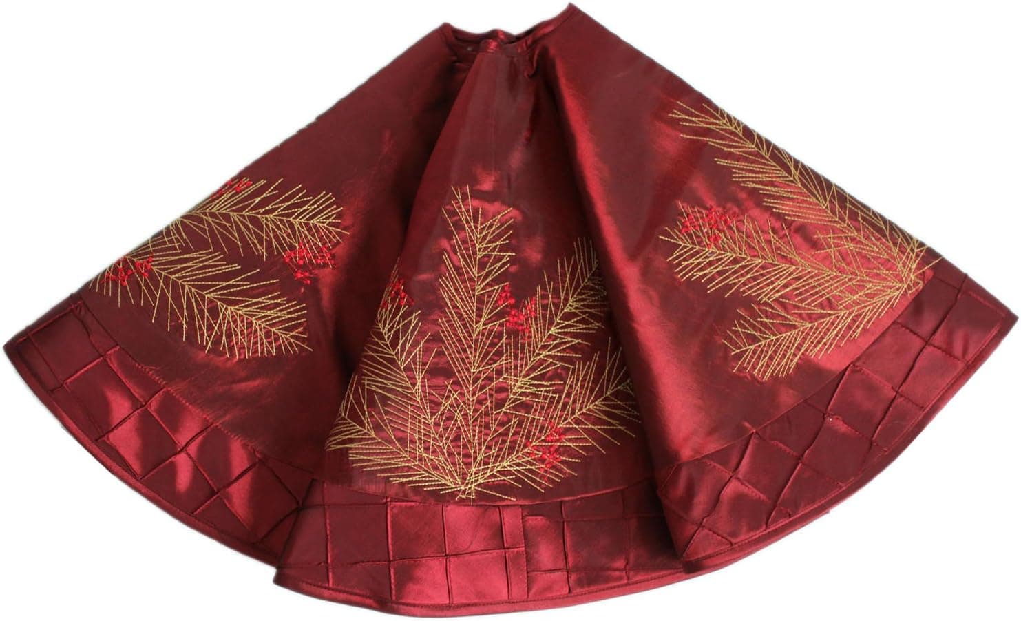 Gireshome 50" Burgundy Faux Silk Deluxe Berry Embroidered with Handcraft Pintuck Border Christmas Tree Skirt Christmas Decoration