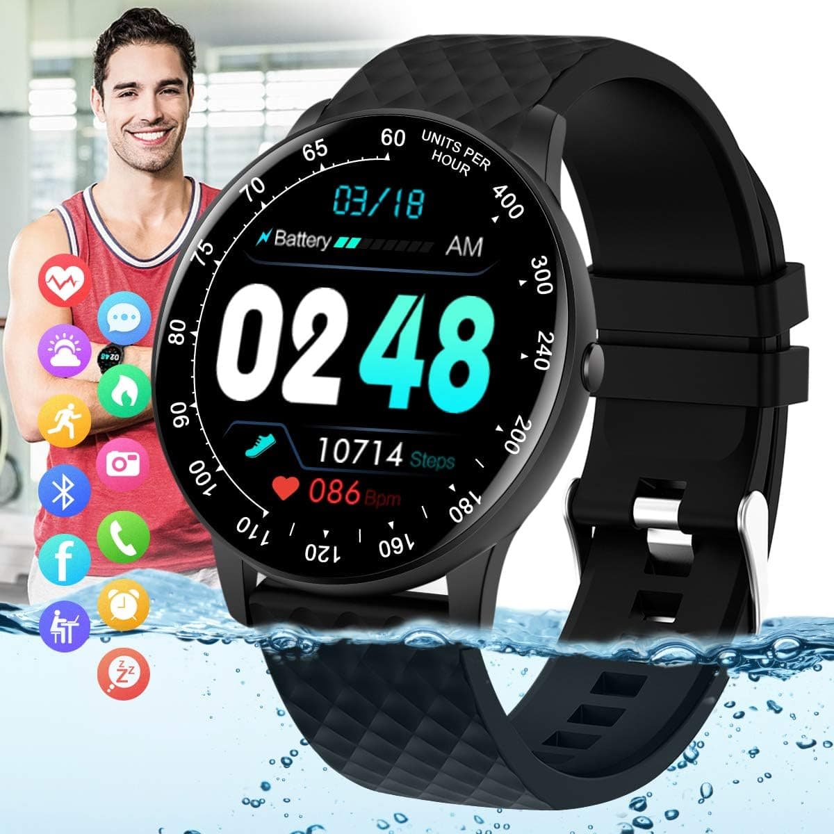 Amokeoo Smart Watch, Fitness Tracker Watch with Blood Pressure Heart Rate Monitor IP67 Waterproof Sports Activity Tracker Bluetooth Smartwatch Smart Bracelet for iOS Android Phones Men Women Black H30-Black-QY-WE3