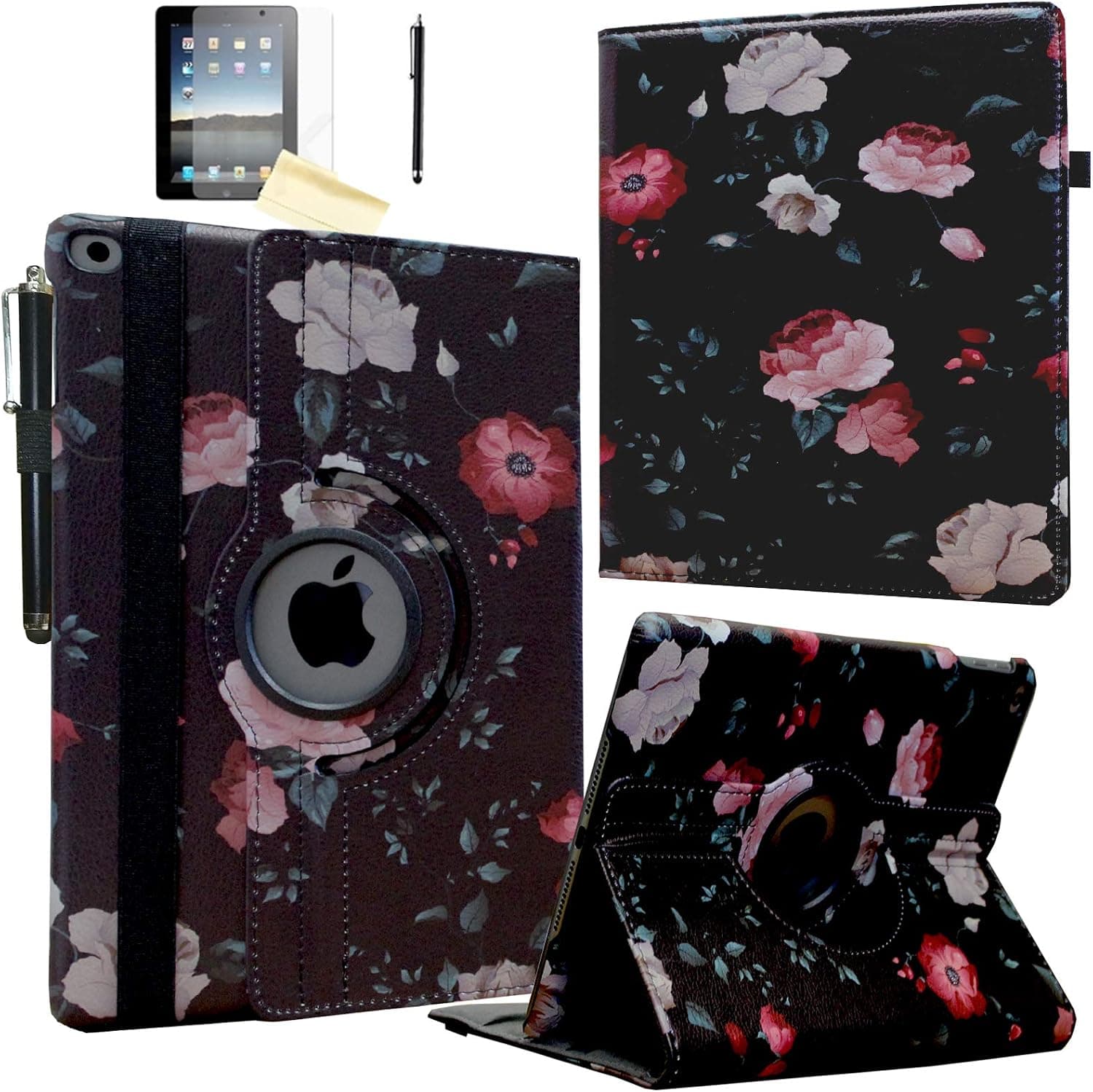 JYtrend Smart Case for iPad 5th / 6th Generation with Pencil Holder, Rotating Stand Magnetic Auto Wake Up/Sleep Cover for 2017/2018 iPad 9.7 Model A1893 A1954 A1822 A1823 (Black Flower)