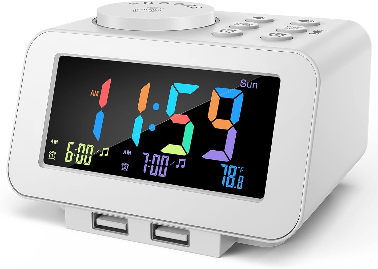 uscce Digital Colorful Alarm Clock Radio - 0-100% Dimmer, Dual Alarm with Weekday/Weekend Mode, 6 Sounds Adjustable Volume, FM Radio w/Sleep Timer, 2 USB Charging Ports, Thermometer, Battery Backup