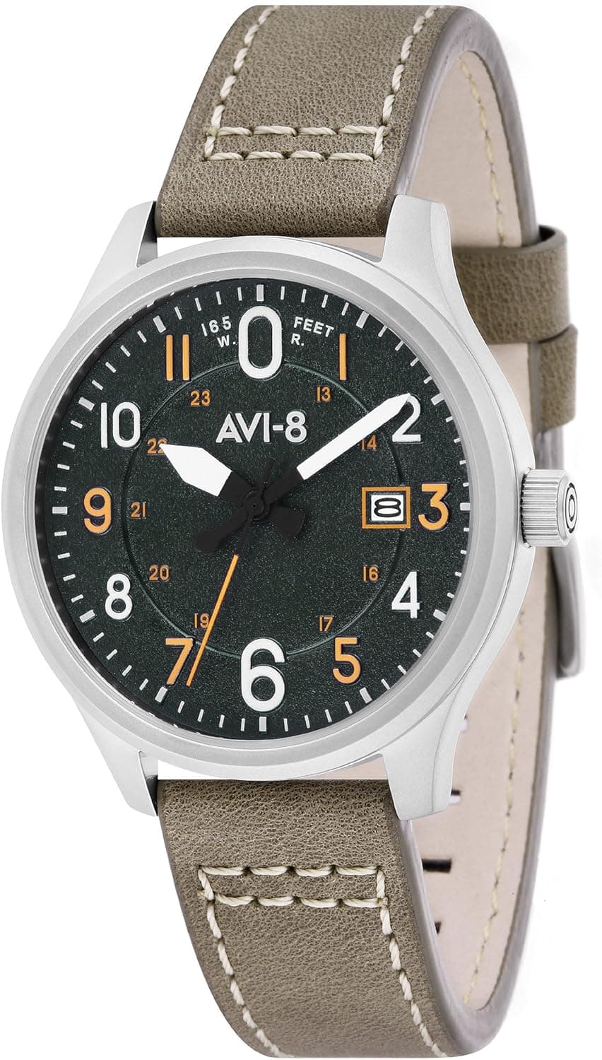 AVI-8 Men's AV-4053 Hawker Hurricane Altimeter Edition Stainless Steel Japanese-Quartz Aviator Watch with Leather Strap
