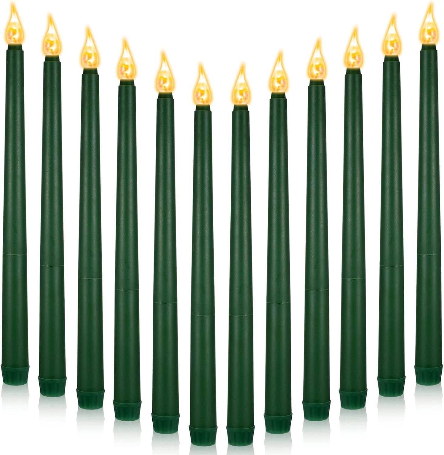 12 Pcs LED Taper Candles Dripless Unscented Flameless Battery Dinner Candles for Valentines, Weddings, Church, Graduation, Hanukkah, Christmas, Autumn, Celebration (Green)