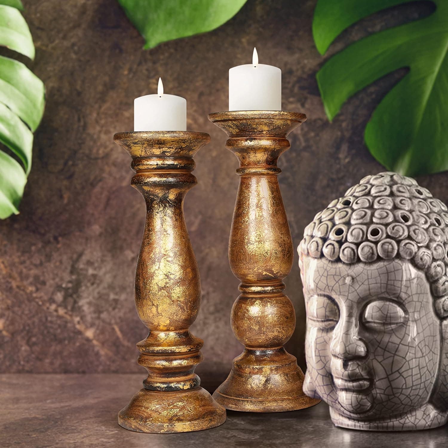 Descent Art Designs Antique Textured Candle Holder Stand Wooden, Stand For Country Style, Reiki, Aromatherapy, Spa, Living Room, Sustaibalbe Wooden Home Table Decor -2 PC - 12 Inch - Gold Foil Burnt