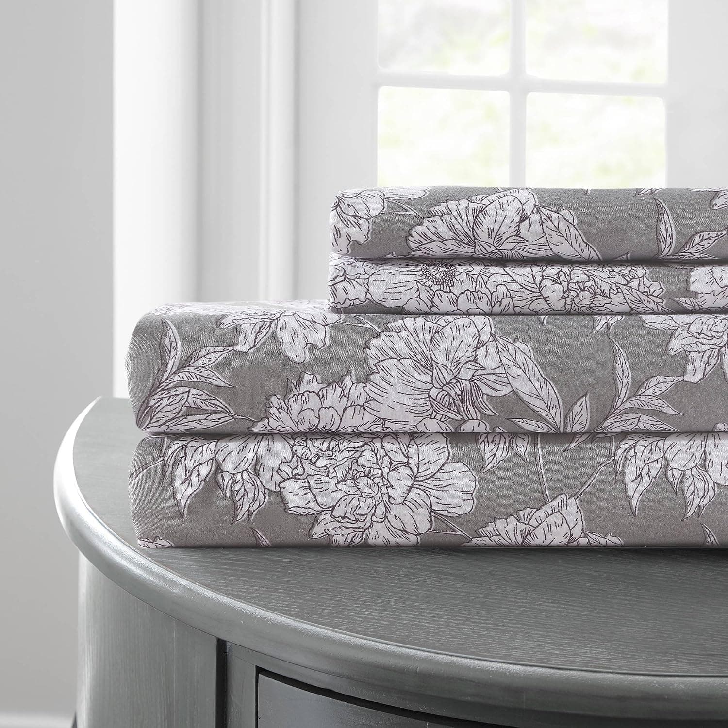 Amrapur Overseas | Printed 4-Piece Microfiber Sheet Set (Floral Sketch, California King)