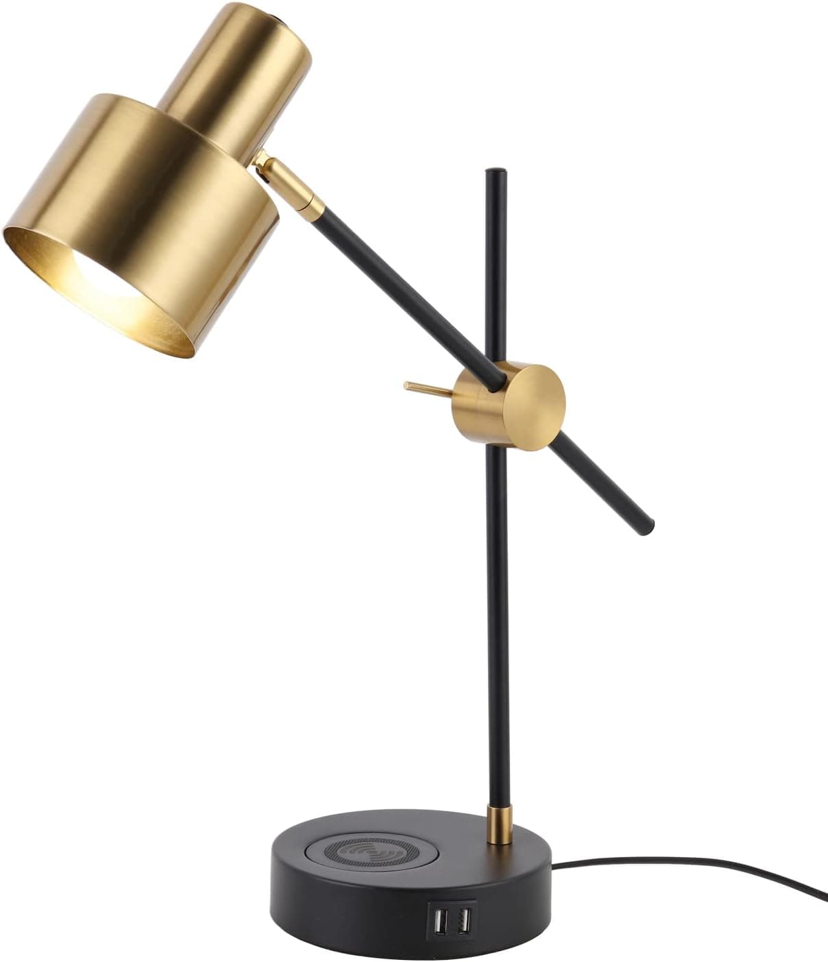 Rlewong Desk Lamp with Wireless Charg and USB Port, Swing Arm,Brass Metal,Wood Bedside Nightstand Lights, Mid Century Modern Reading Lamp for Bedroom, Living Room, Office（5Watts Bulb Included