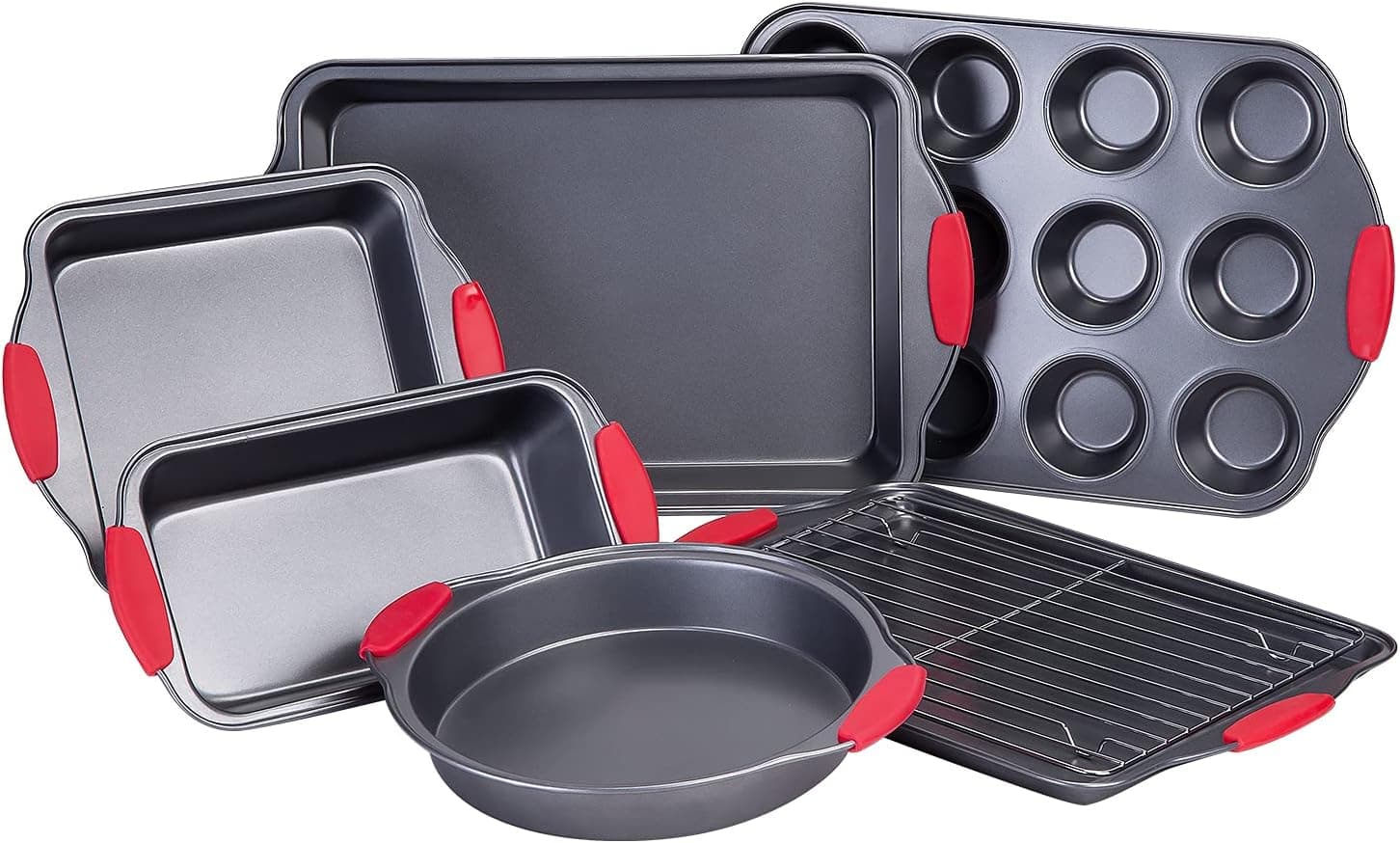 Nuovoo Baking Sheets for Oven, 7 Piece Cake Pans Sets Nonstick for Baking, Carbon Steel Bakeware Sets with Red Silicone Handles, Dark Grey, Baking Supplies for Donut Loaf Cupcake Biscuit Bread