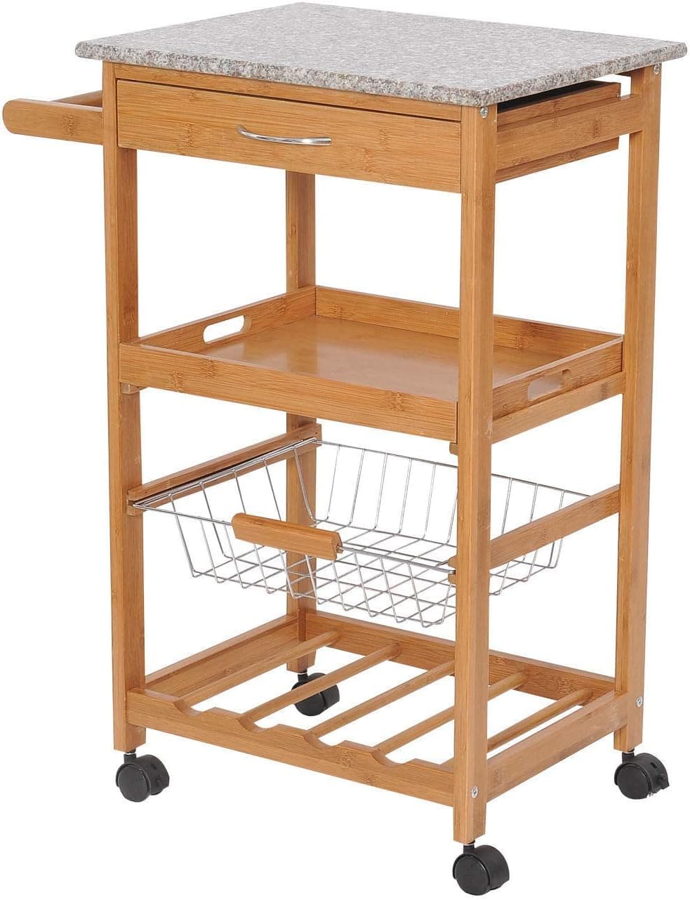 FDInspiration 31" H Bamboo Rolling Kitchen Shelf Basket Cart Serving Storage Trolley Granite Top w/Wine Rack with Ebook
