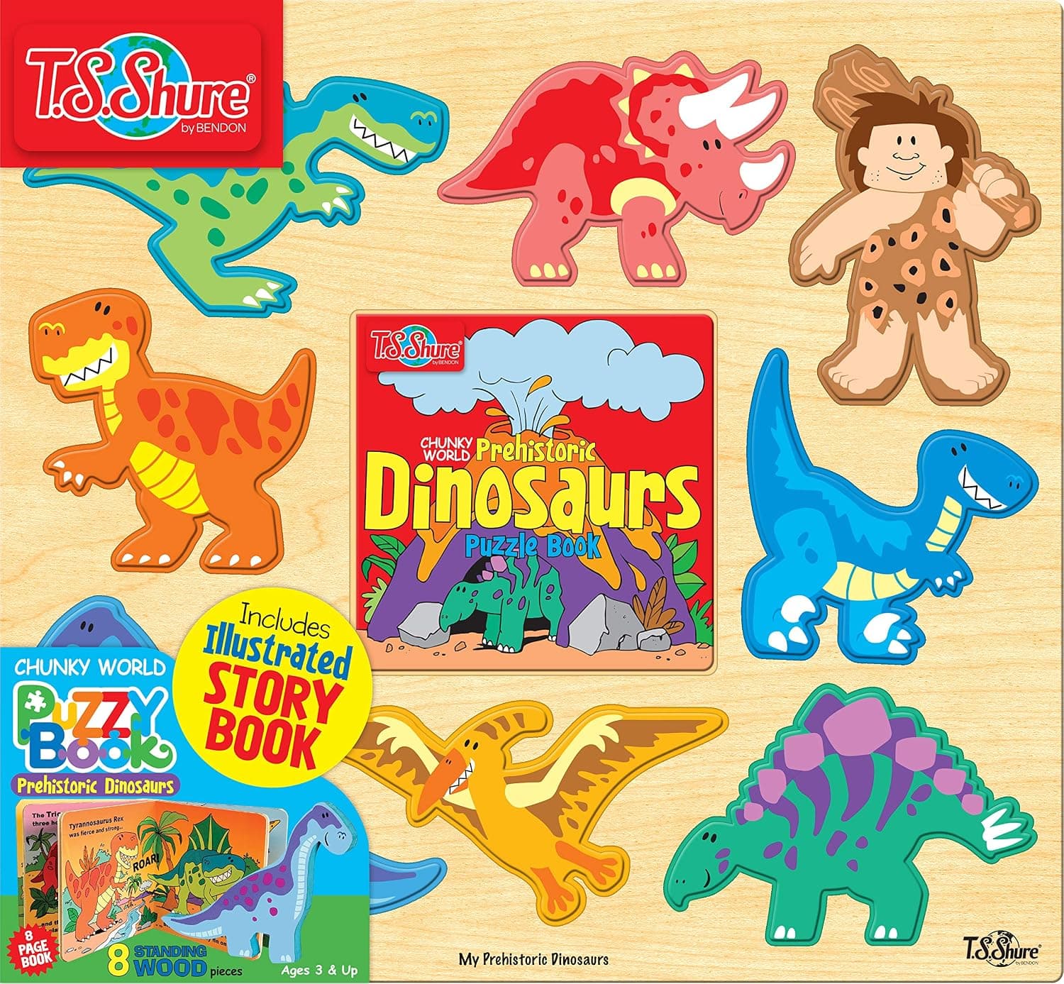 Bendon Dinosaur Chunky 8-Piece Puzzle with Board Book and Wooden Tray Pre-School Learning 51468