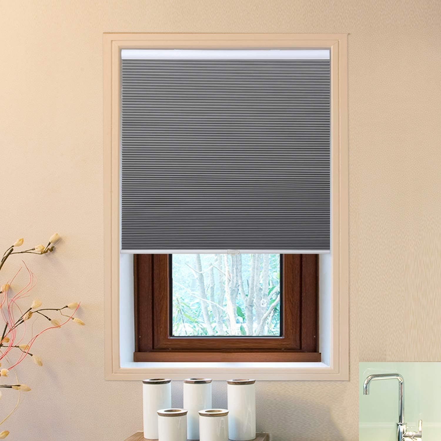 Cellular Honeycomb Blinds White Dark Gray Blackout 24" W x 64" H Single Cell Pleated Shades Cordless Room Darkening Inside & Outside Mount for Windows