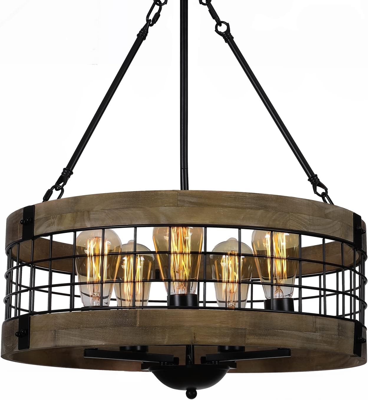 5-Light Farmhouse Chandelier Rustic Round Hanging Pendant Lighting Fixture for Dining Room Industrial Wood Metal Drum Chandelier for Kitchens Island Foyer Entryway Cafe Bar
