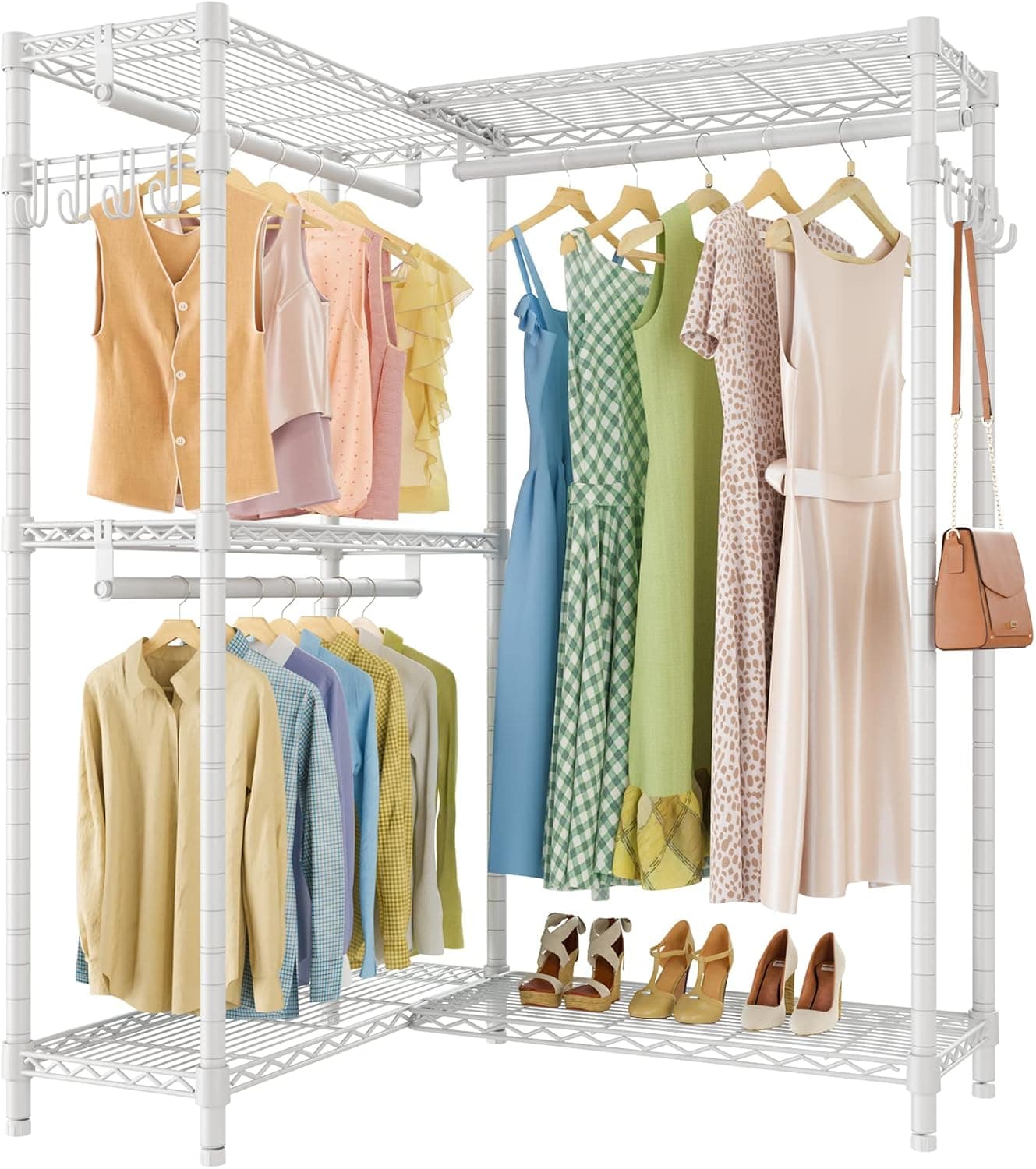VIPEK L4 Garment Rack L Shaped Clothes Rack for Corner, Freestanding Portable Wardrobe Closet Heavy Duty Clothing Rack with 3 Hanging Rods & 2 Side Hooks, 43.3"Lx29.1"Wx76.4"H, Max Load 750LBS, White