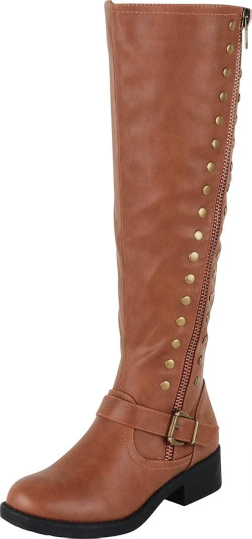 Cambridge Select Women's Contrast Zip Studded Knee-High Block Heel Riding Boot,9 B(M) US,Tan PU